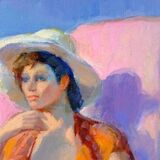 Tableau Huile Vintage Portrait De Femme Impressionniste 20ème Siècle