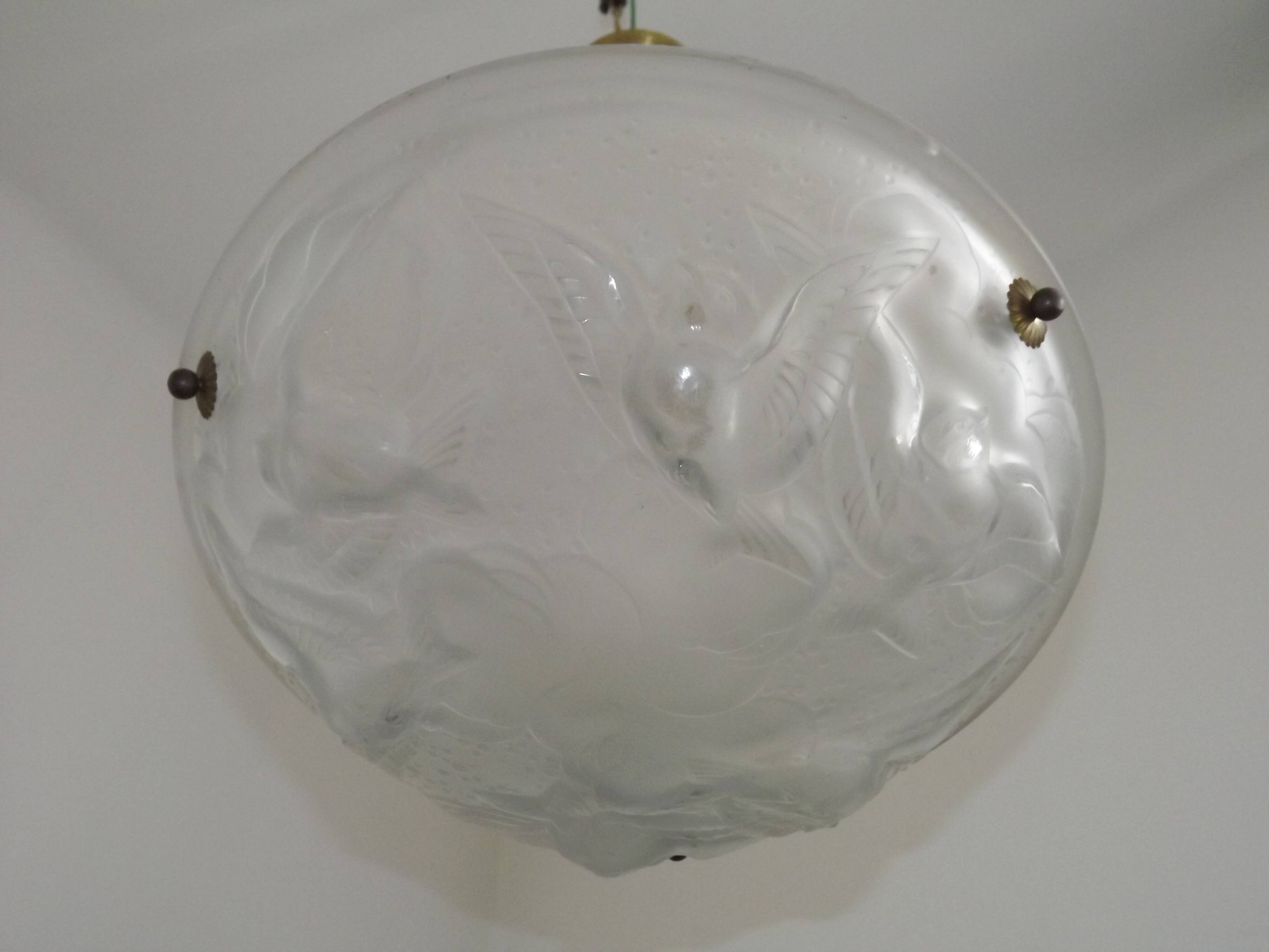 Signed Muller Frères Lunéville Art Deco Ceiling Light Flying Bird Detail