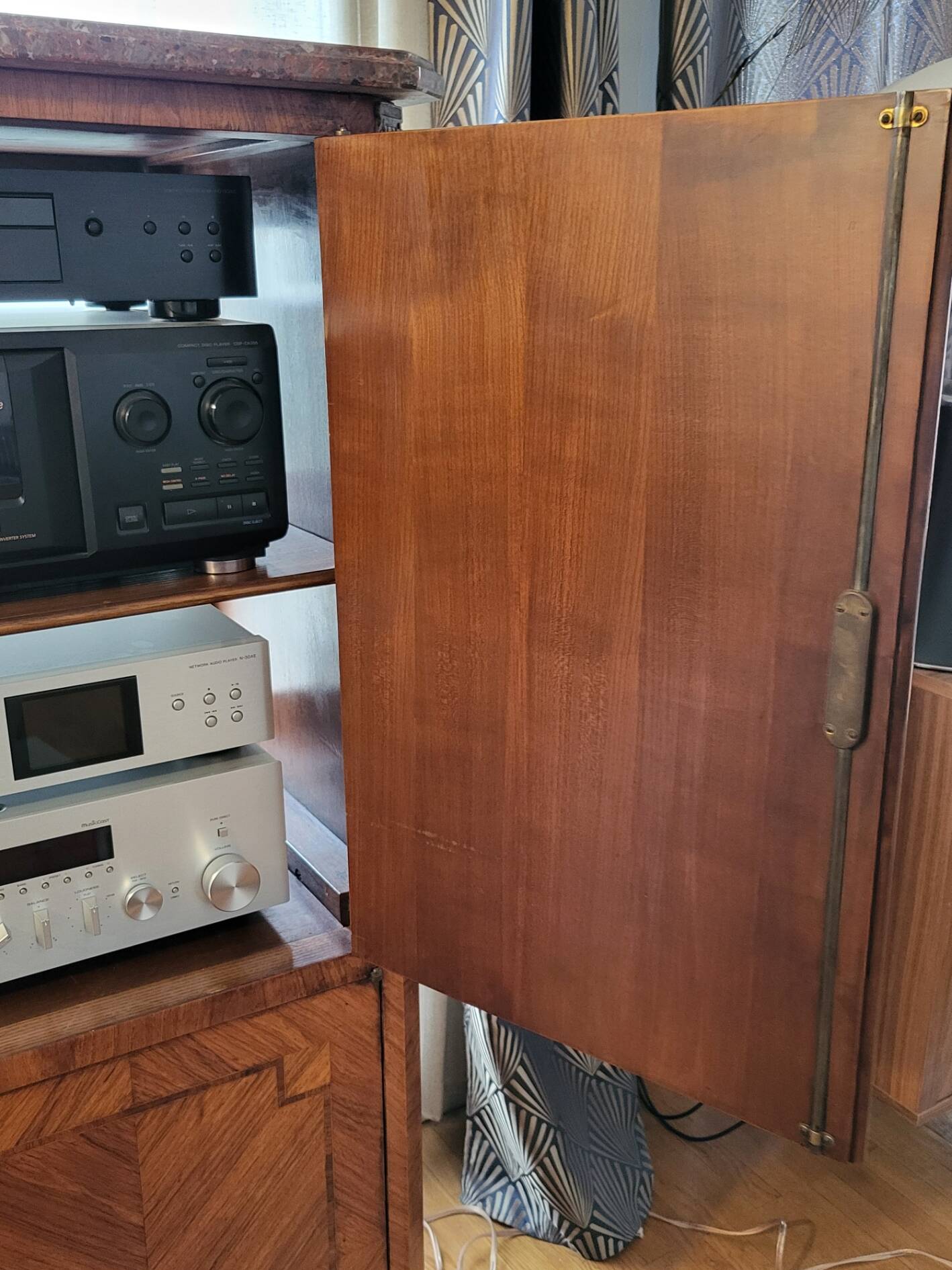 High sideboard in rosewood and marble slab, Louis XVI style, French