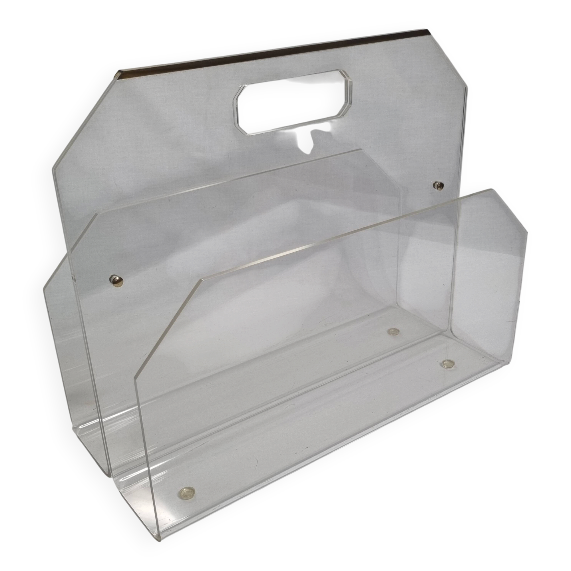 Vintage transparent plexiglass magazine rack, 1970s, Hollywood Regency.