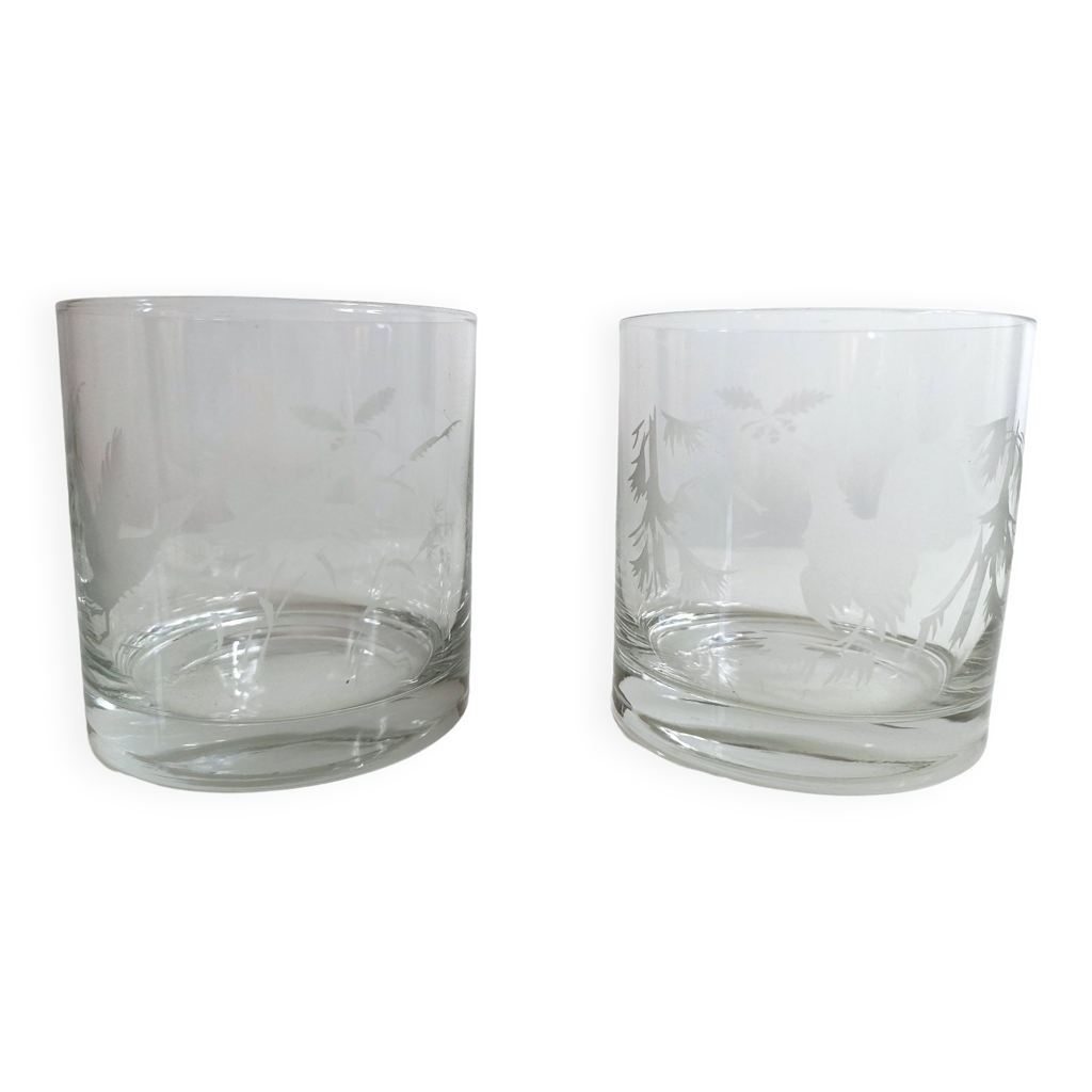 LOT DE 6 Verres Gravés Avec Motif Grappe De Raisin - Pieds Bleus EUR 40