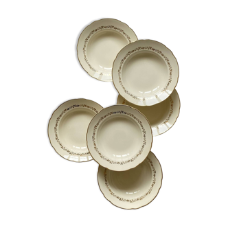 Lot 6 cream and gold soup plates in old earthenware Villeroy and Boch vintage tableware