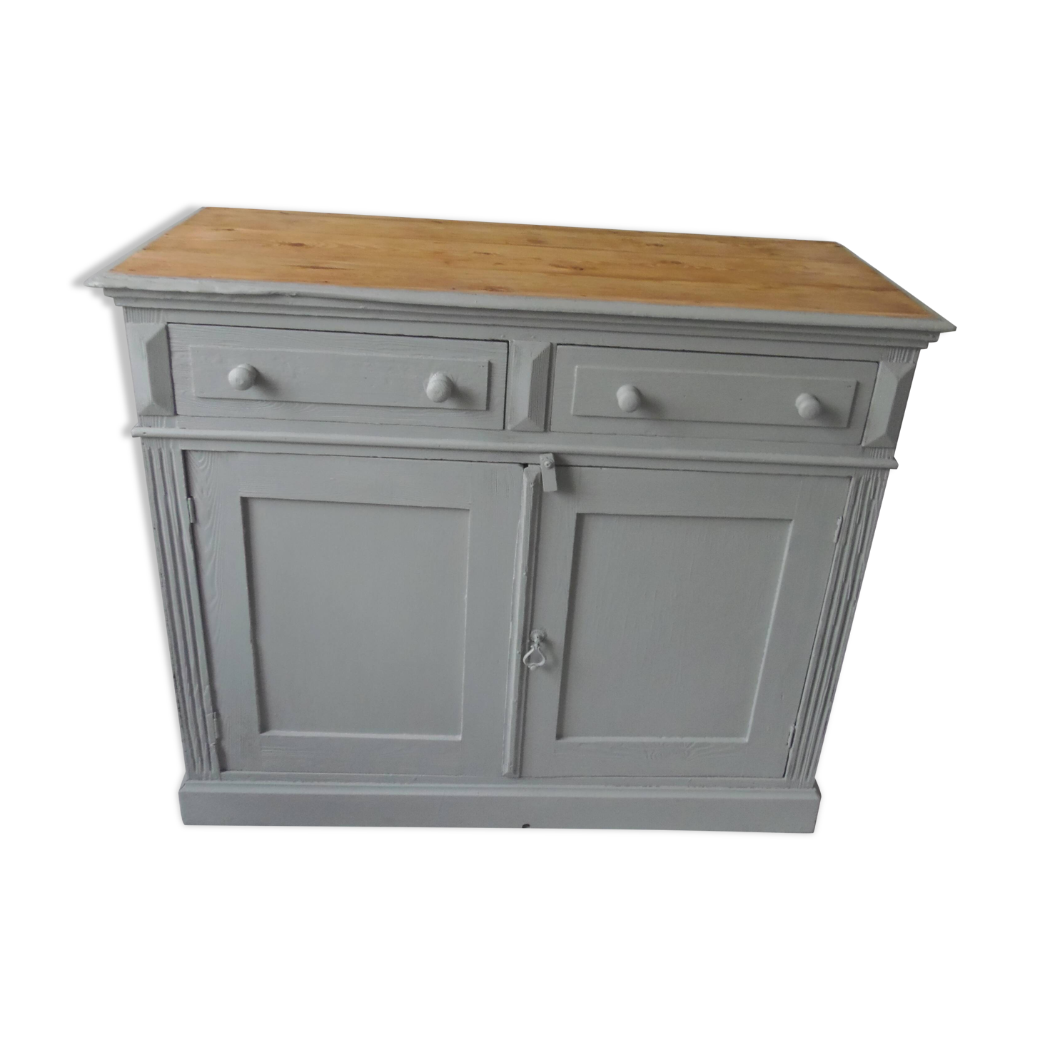 Antique sideboard enhanced in verdigris, wooden top.