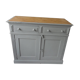 Antique sideboard enhanced in verdigris, wooden top.