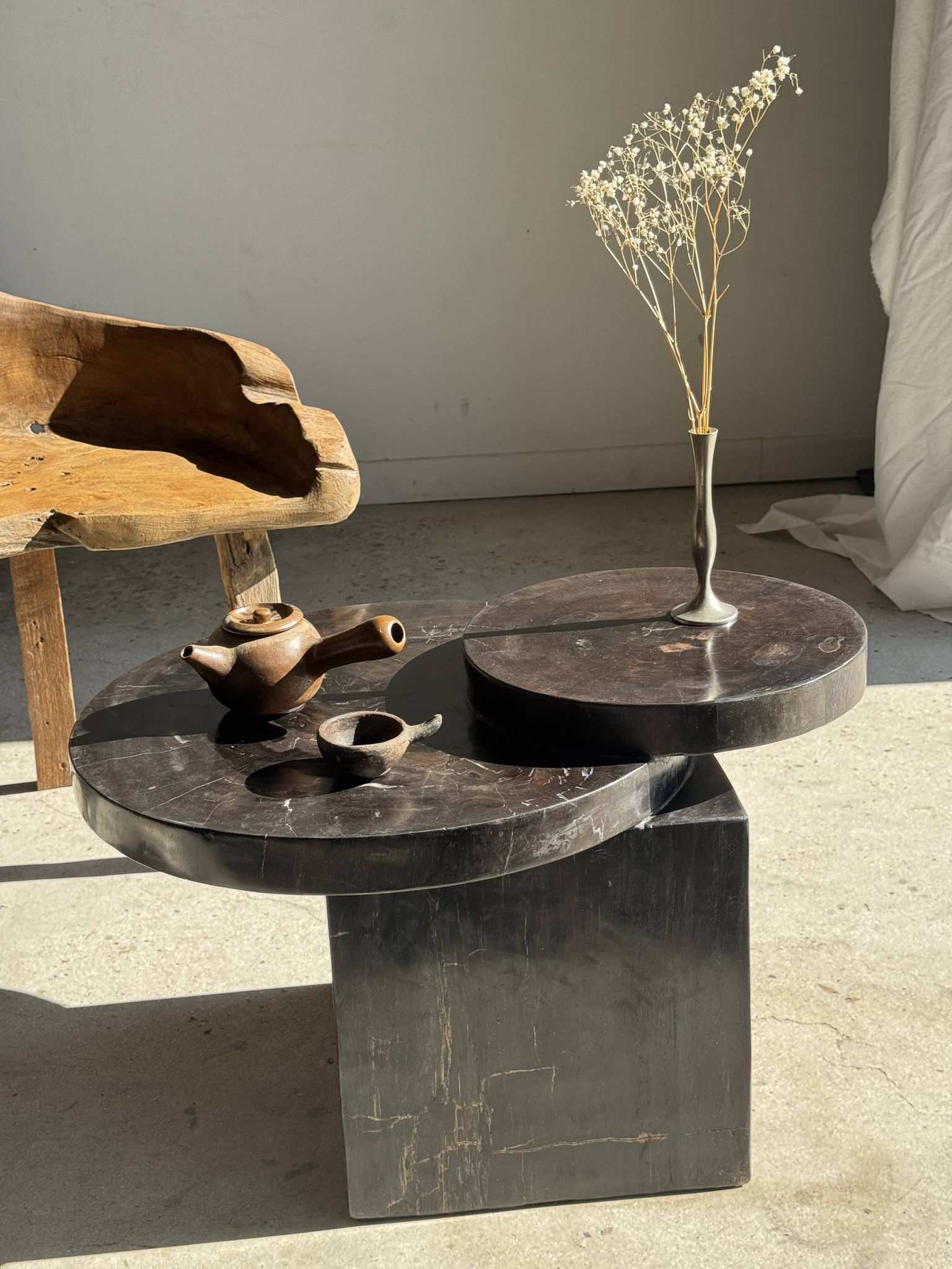 Brown petrified wood coffee table from Indonesia with a double circular top.