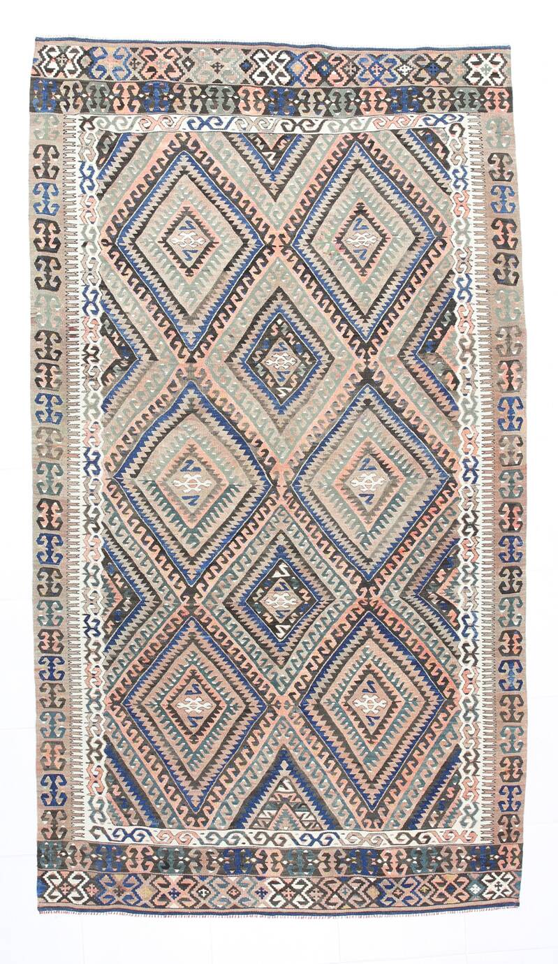 5x9 Kilim Anatolian Carpet, Handwoven Wool Rug, Blue Details Rug, 154x275Cm