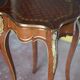 Wooden bedside table with marquetry and bronze, side table with curved legs