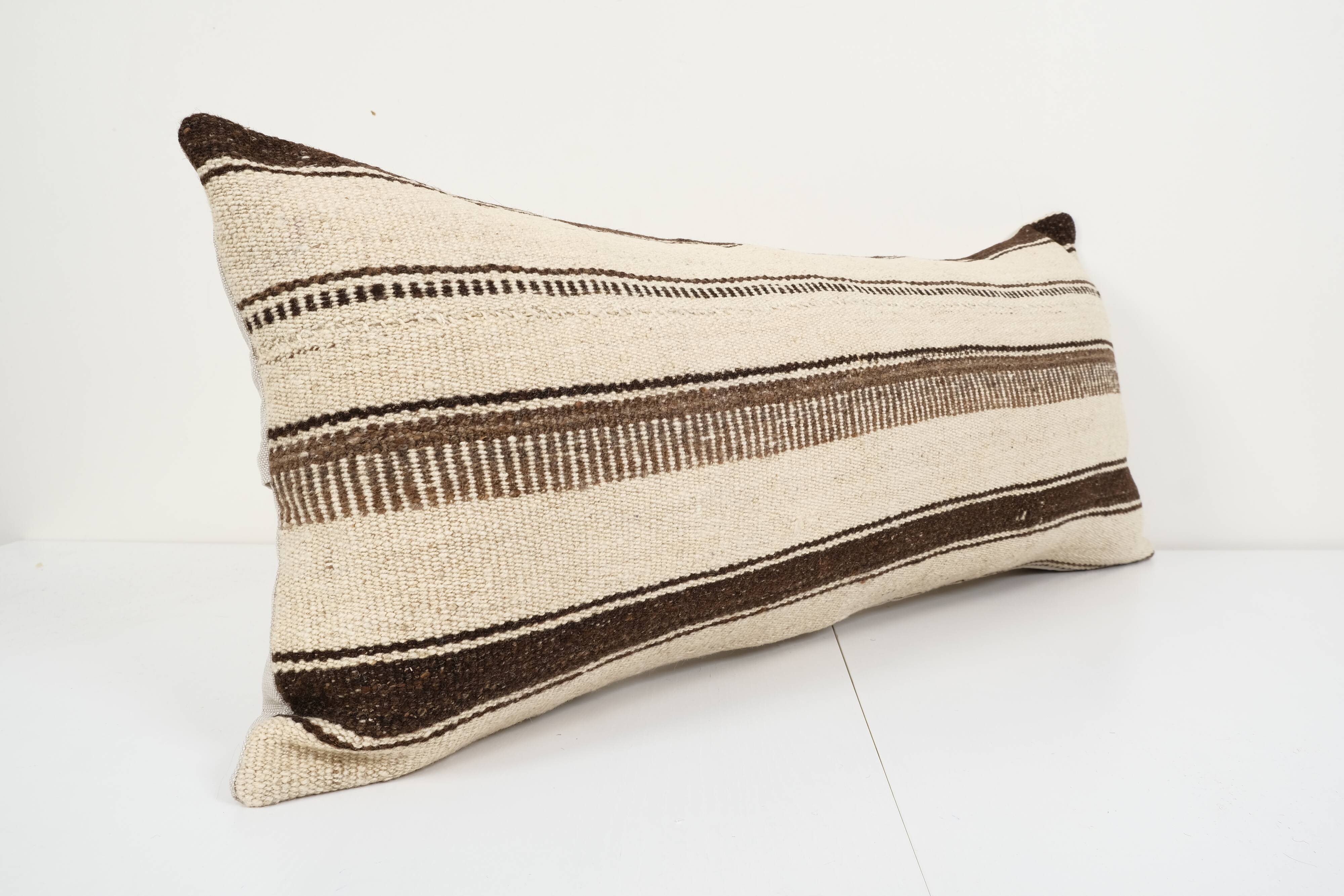 16" x 38" handmade extra long rectangular wool kilim pillow cover, organic undyed hippie bench