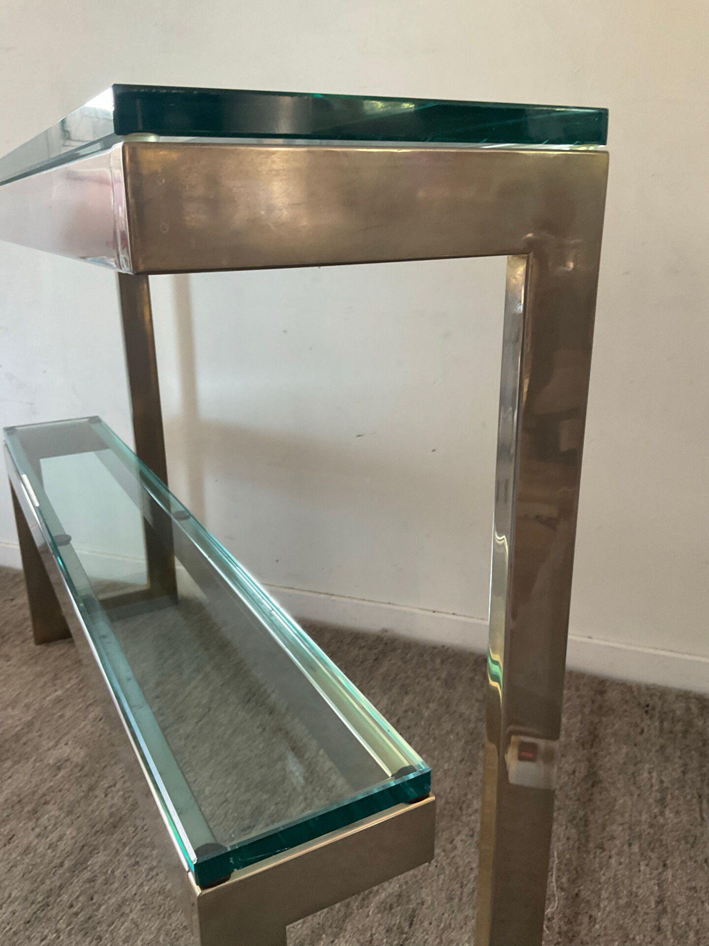Console "G" by Belgochrom in brass and glass from the 1970s.