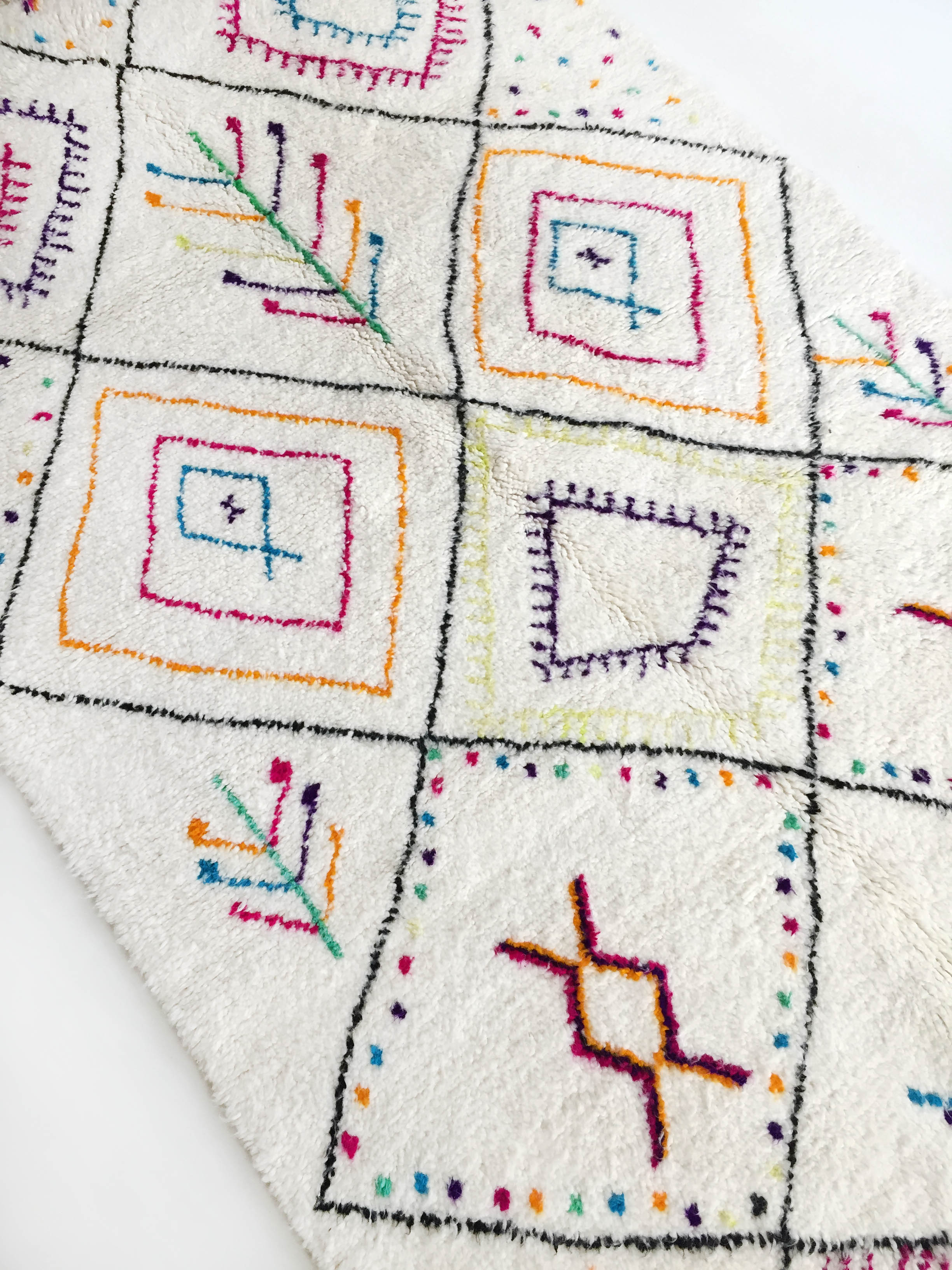 Moroccan Berber carpet azilal ecru with black diamonds and colorful patterns 255x159cm