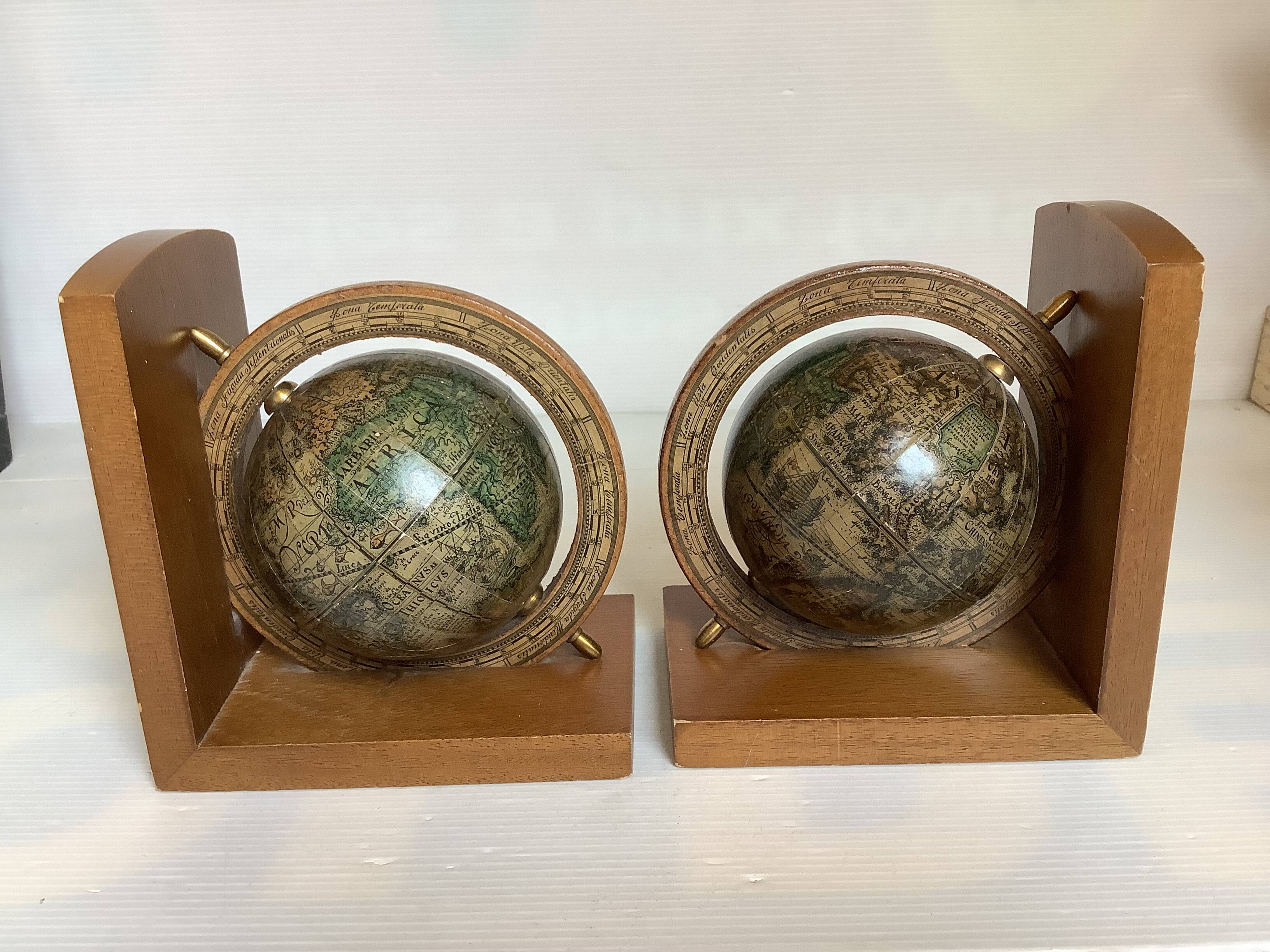 Pair of wooden world map bookends