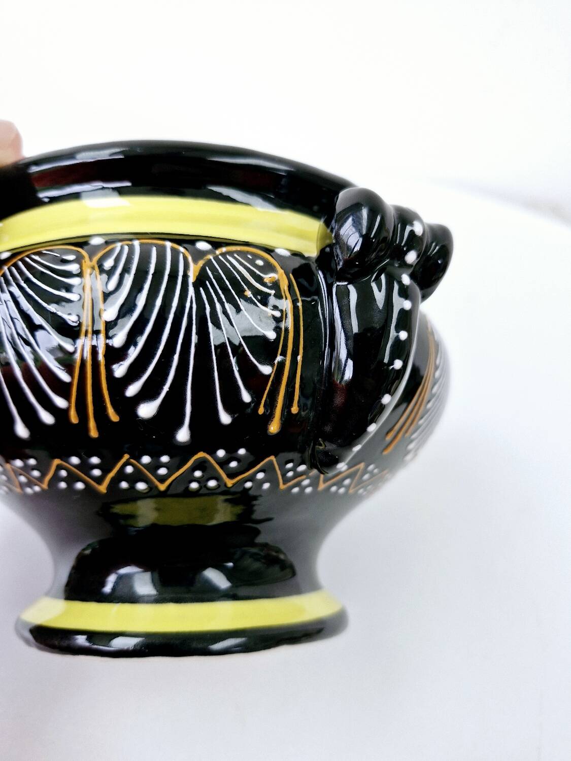 Large Breton Bowl HB Quimper Beaded Black And Yellow Earthenware Lid Handle