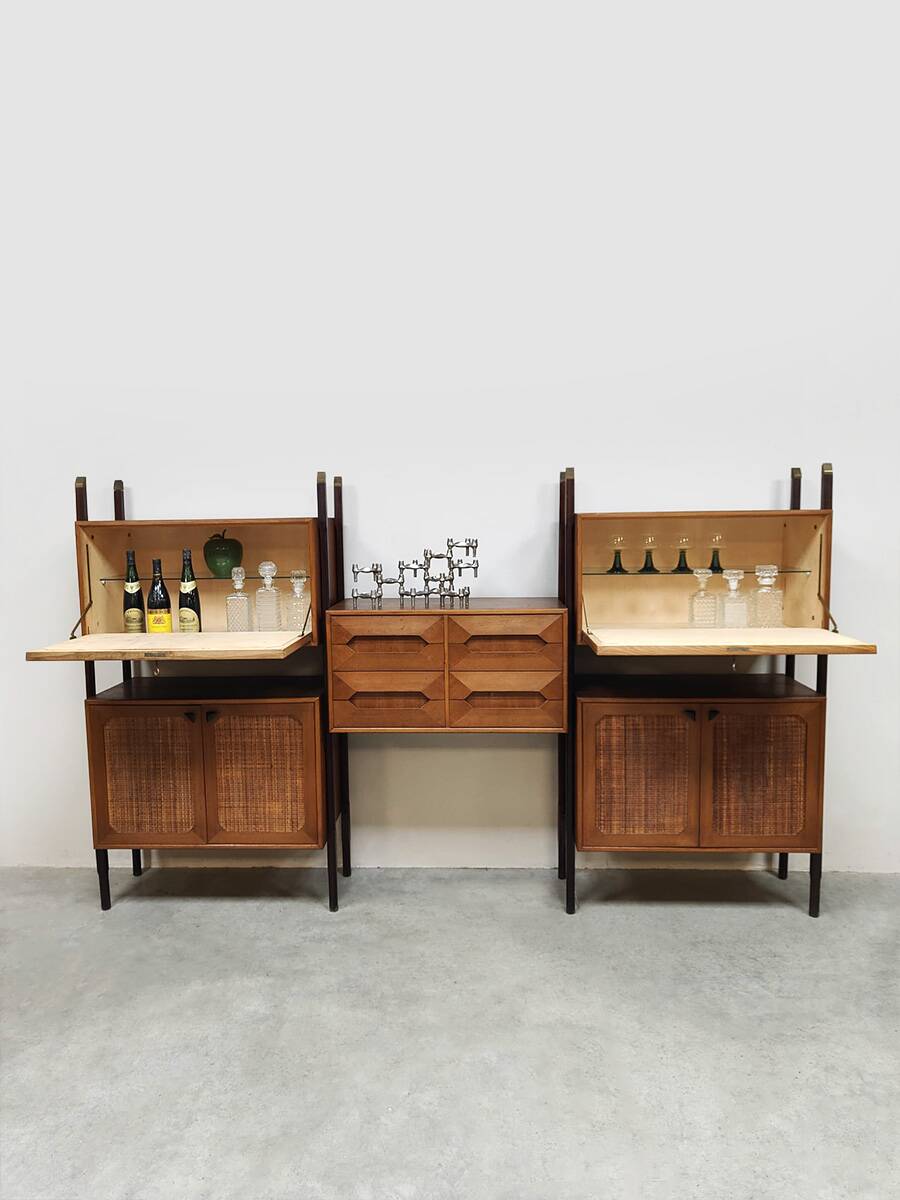 Rare Italian midcentury design modular teak webbing wall unit cabinet