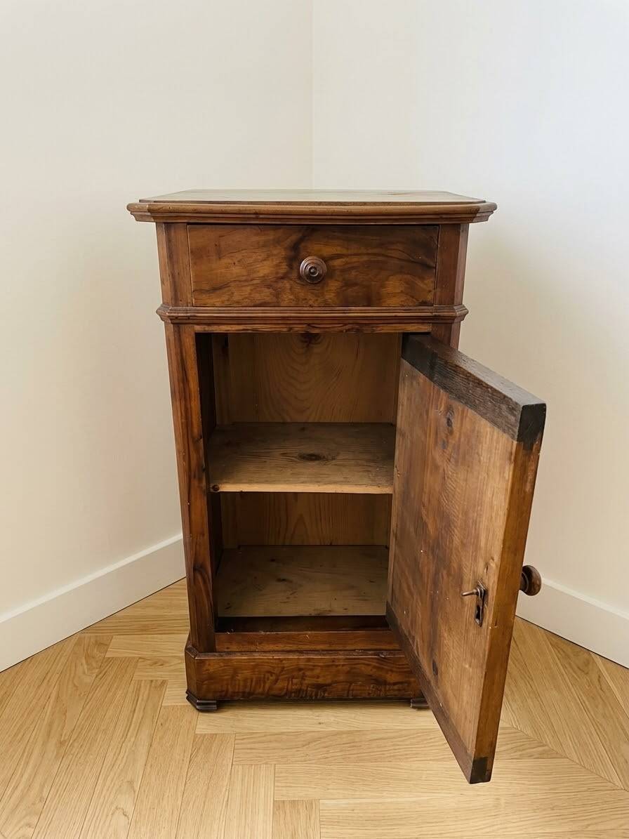 Antique bedside table in solid walnut