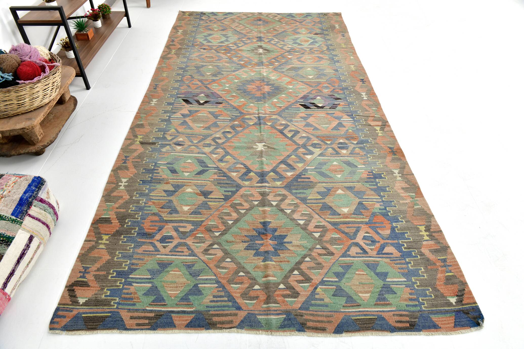 5x11 Green & Blue Tribal Turkish Vintage Kilim Rug 170x333Cm SK 35197
