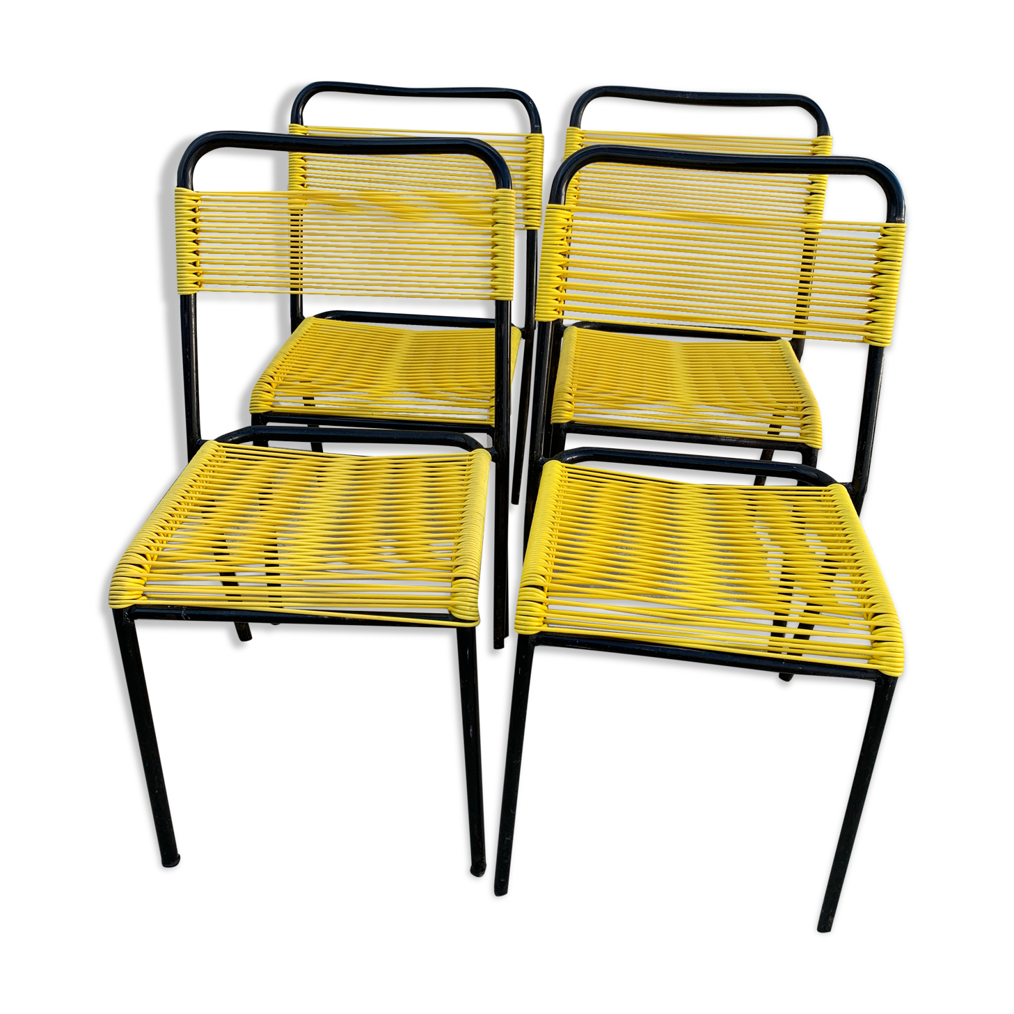 4 yellow scoubidou chairs, 1950