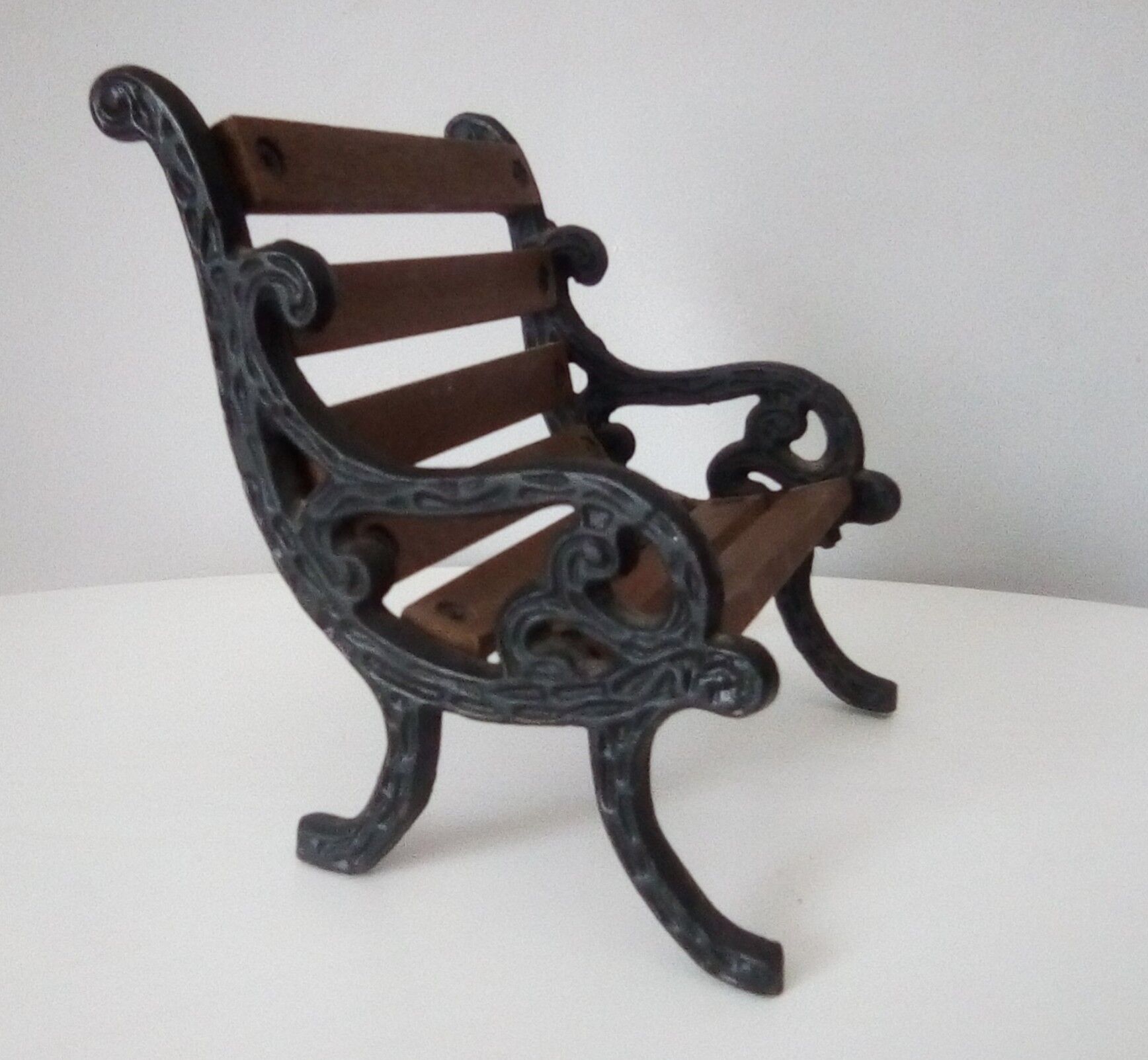 Vintage miniature wooden and wrought iron bench