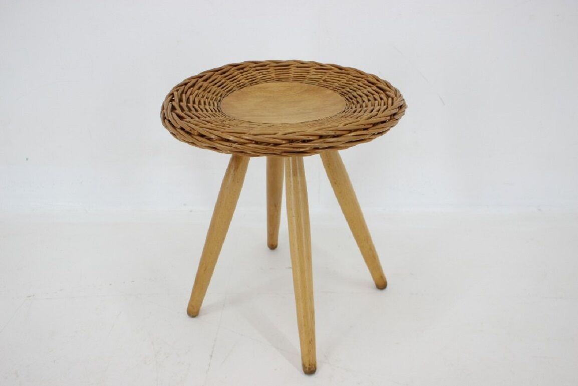 1970 Jan Kalous Beech an Rattan Side Table by ULUV,Czechoslovakia