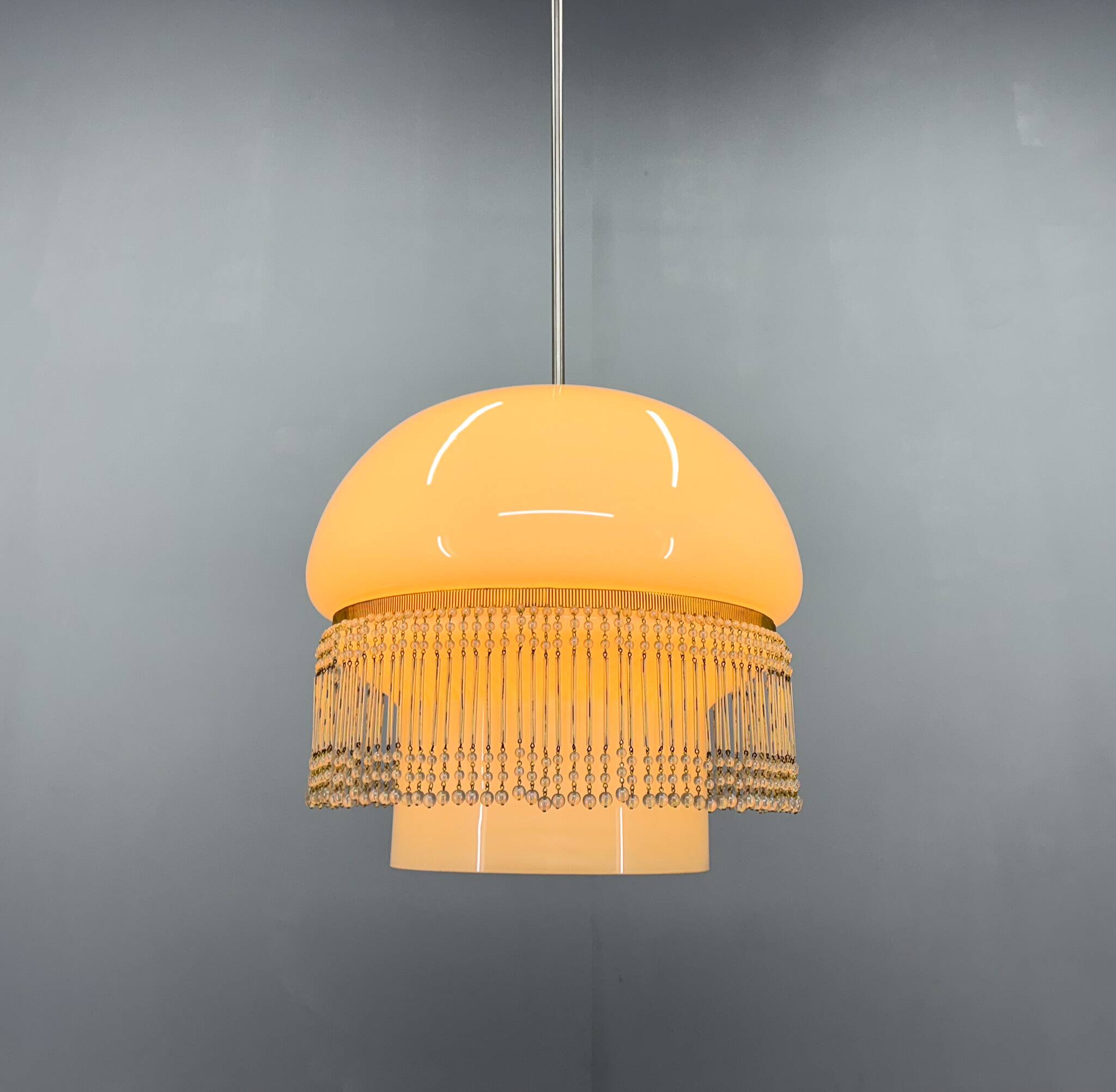 Mid-Century Opaline Glass Pendant Light with Brass Detail & Beads