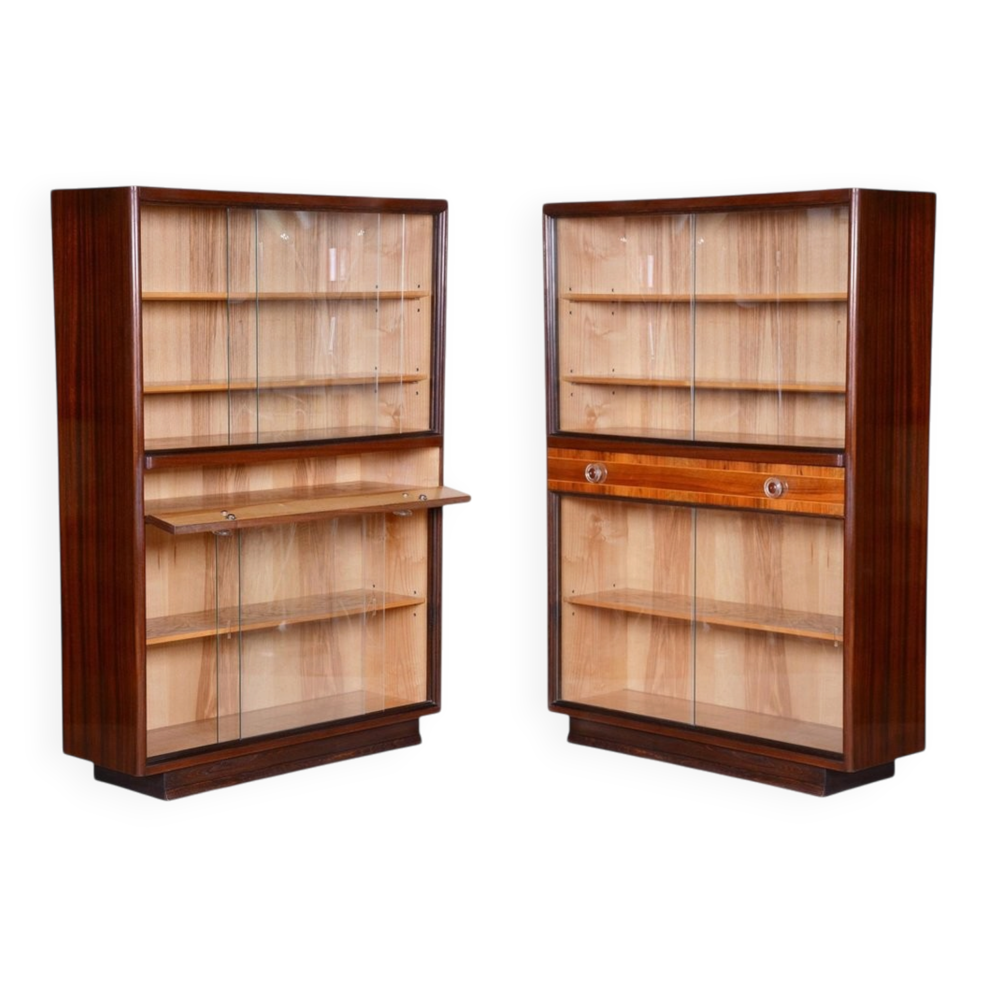 Bibliothèques Art Déco vintage en frêne et acajou, années 1940, ensemble de 2