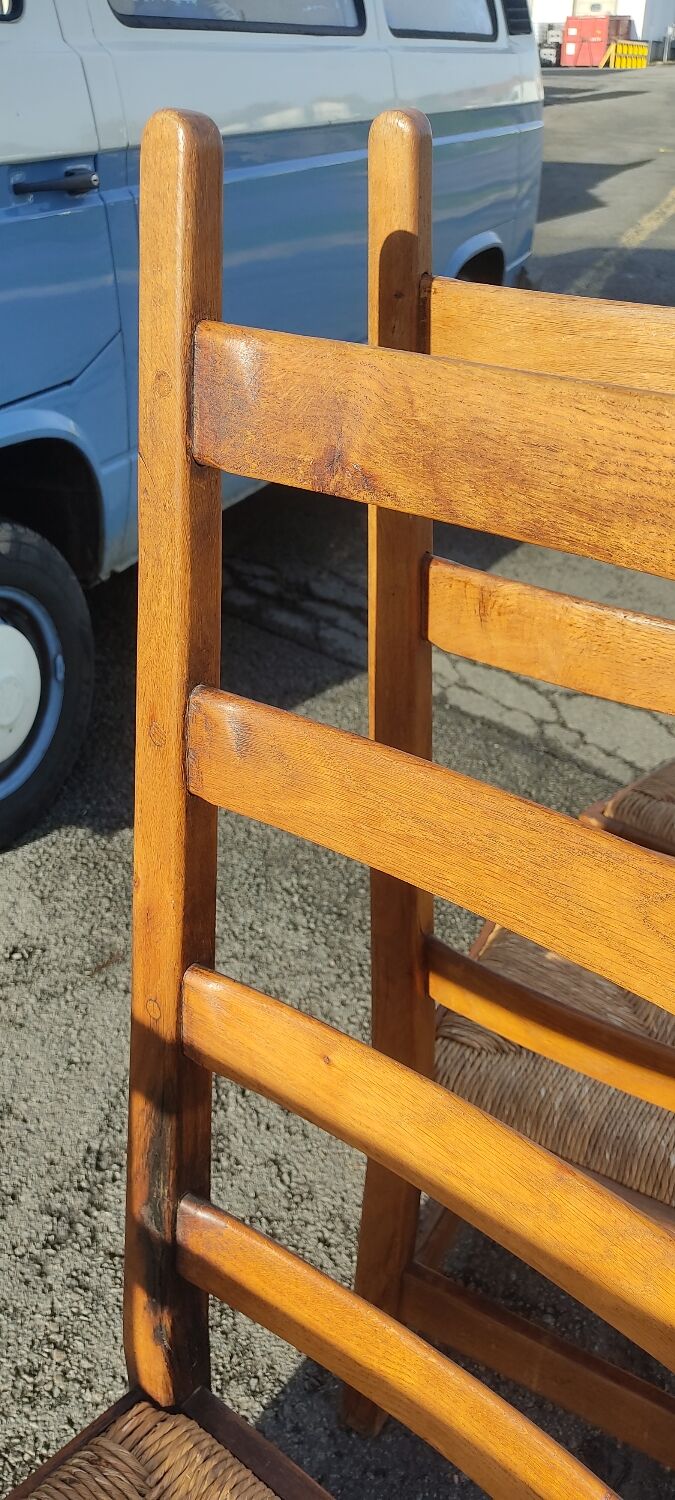 Ensemble de 4 chaises bois paille brutaliste