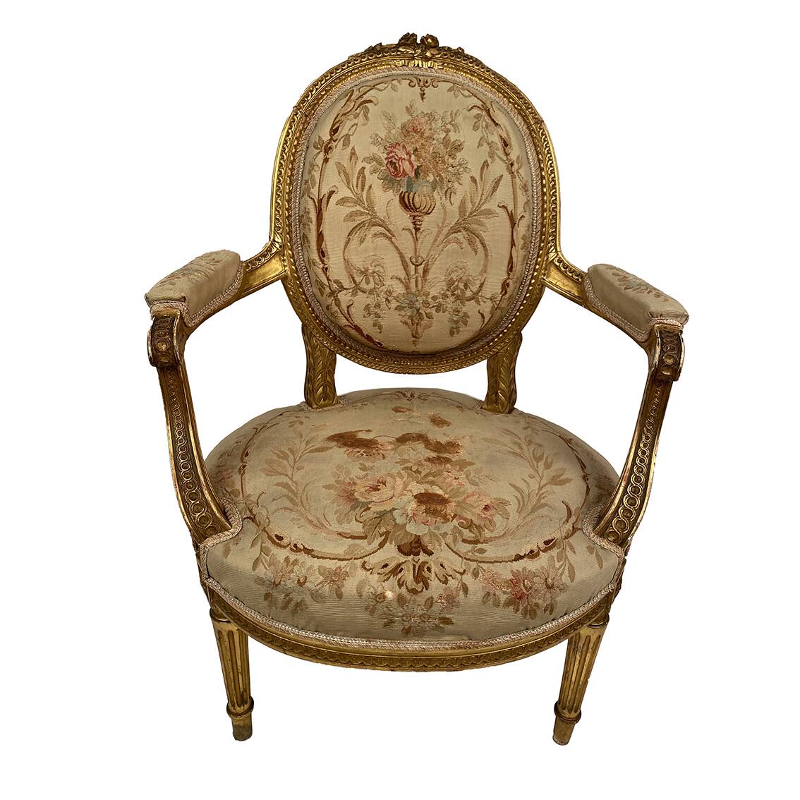 Louis XVI style gilded wood armchair, late 19th or early 20th century