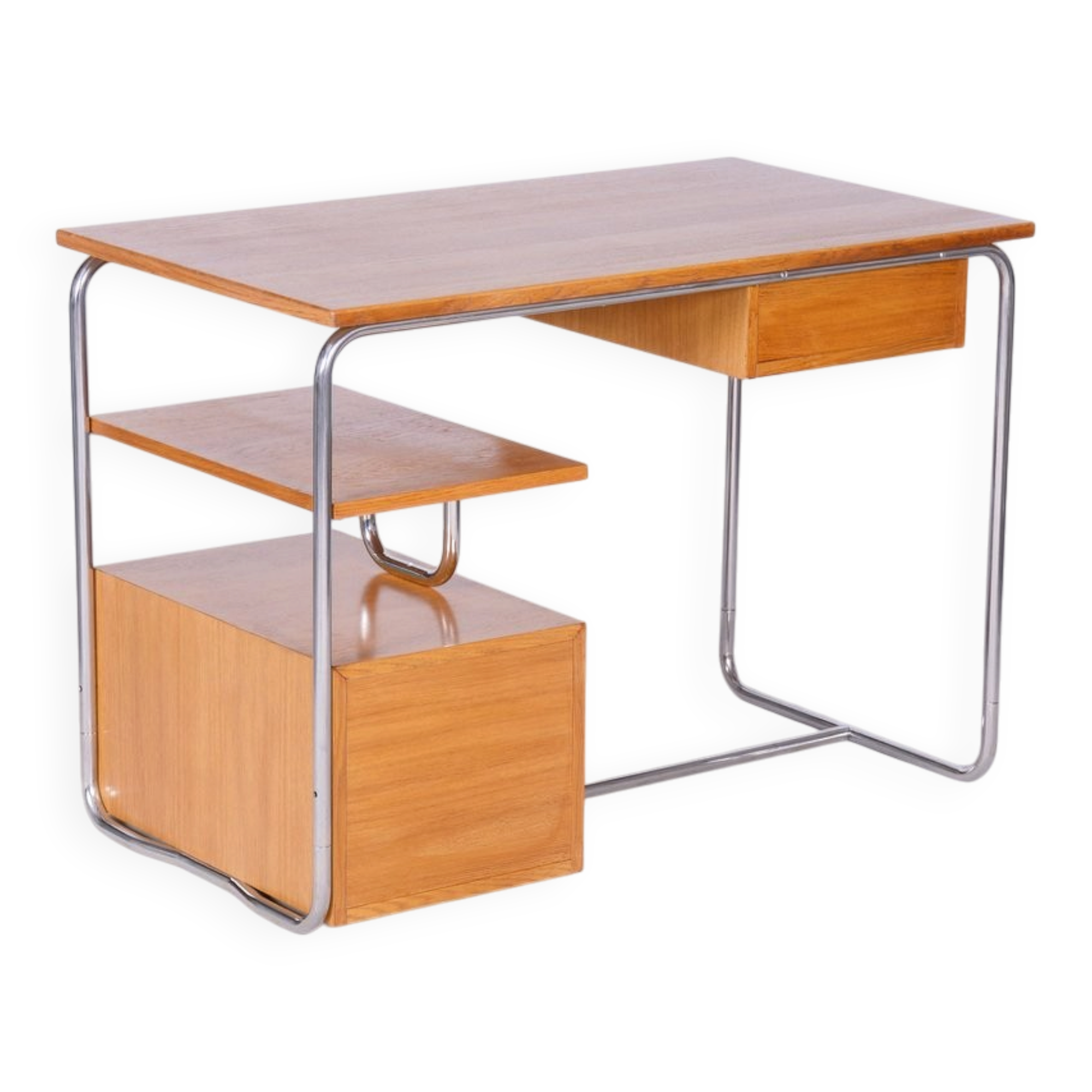 Bauhaus Writing Desk in Oak, Chrome-Plated Steel, Germany, 1930s