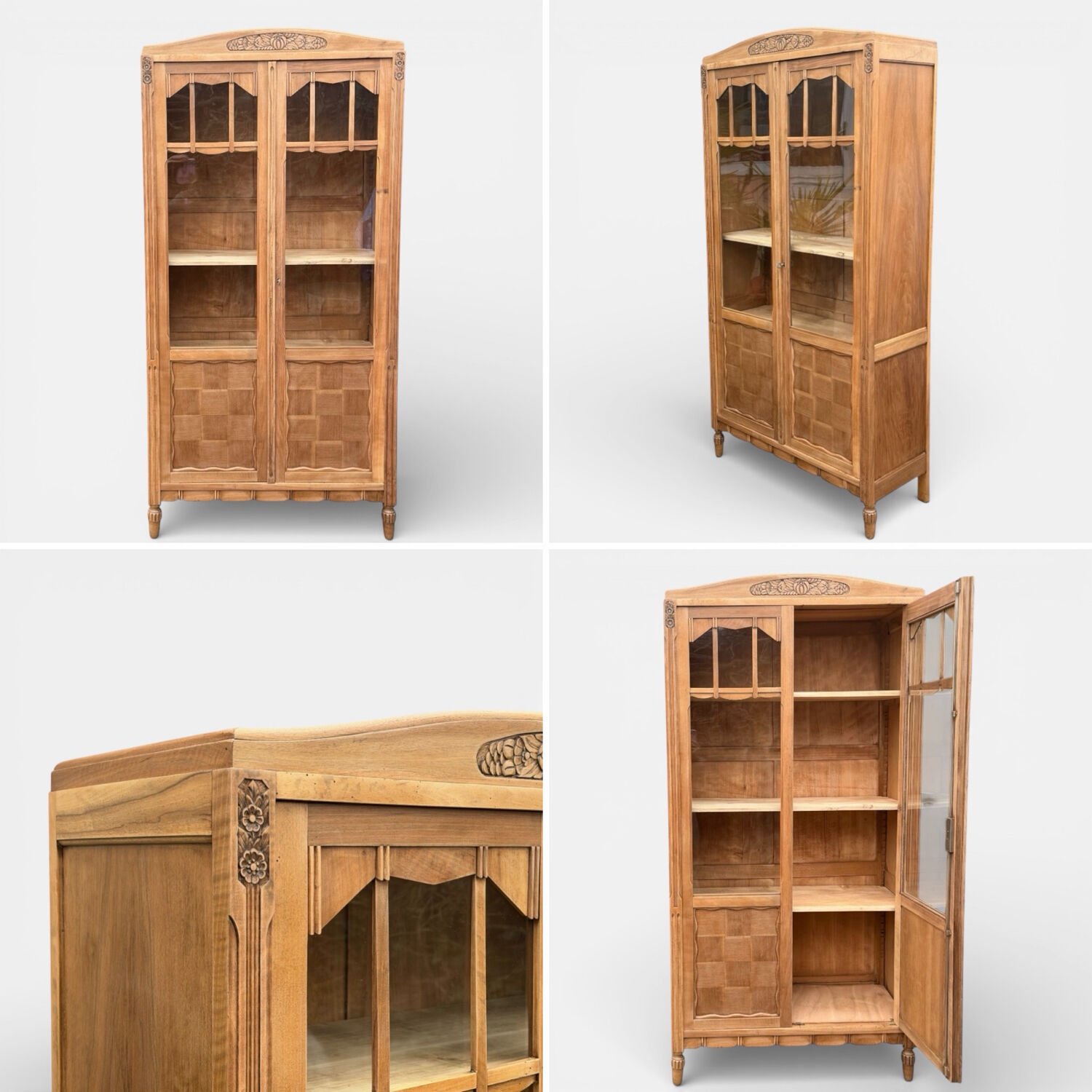 Parisian glass-fronted Art Deco wardrobe in solid raw walnut.