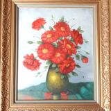 Bouquet of Red Flowers Still Life Signed Canvas Gold Frame 54 x 62 cm