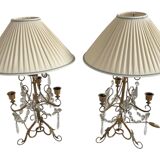 Pair of lamps, 3-light candlesticks, shabby chic, glass tassels, pendants, pleated fabric lampshade