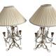 Paire lampes, bougeoirs 3 feux, shabby chic, pampilles en verre, pendeloques, abat-jour tissu plissé