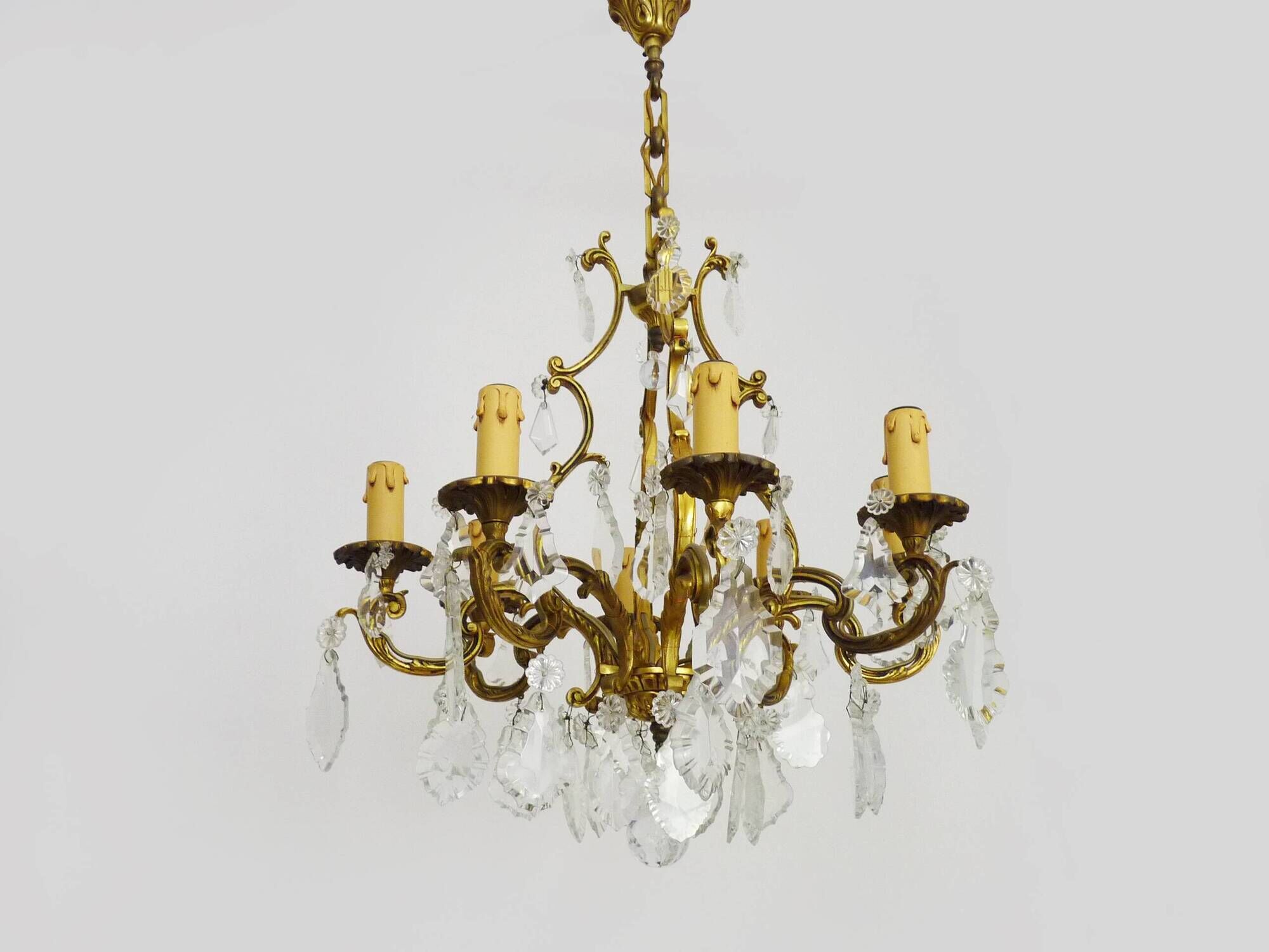 Bronze cage chandelier with glass pendants, 8 lights. tassel chandelier. 60s