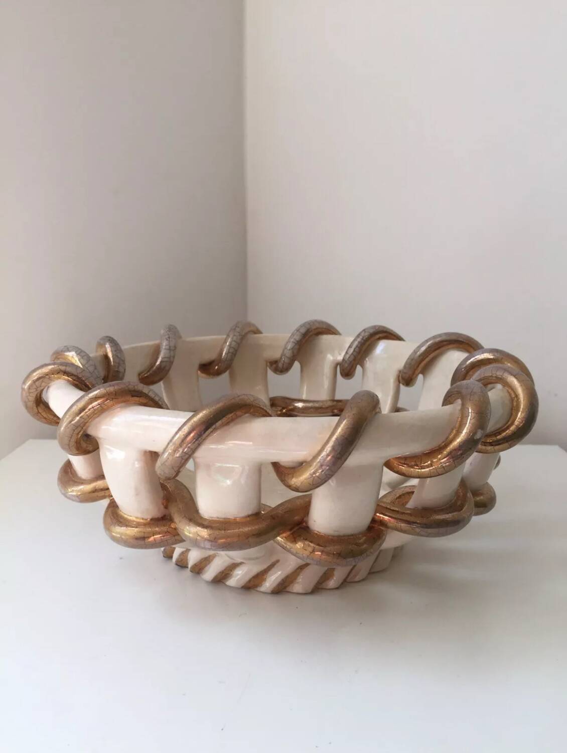 Vintage Vallauris Gold Twisted Basket Bowl? Saint Clément? Émile Tess