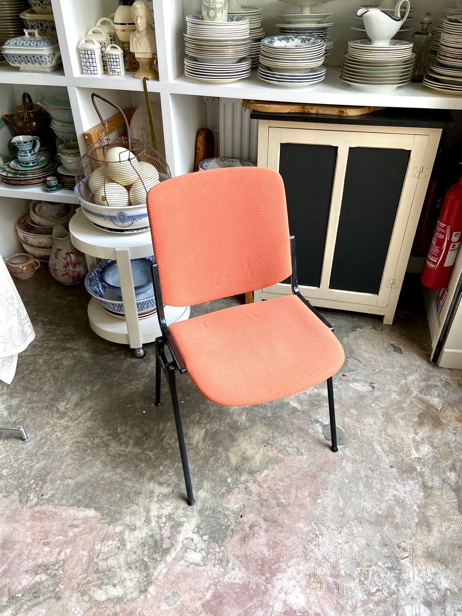 Peach cotton and black metal chair, 1960s