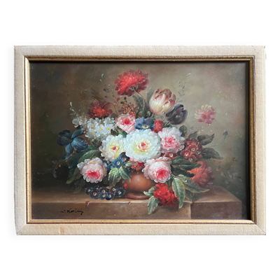 Tableau HSP ''Bouquet de fleurs sur entablement'' signé Ed. W. Kerling 1889-1953