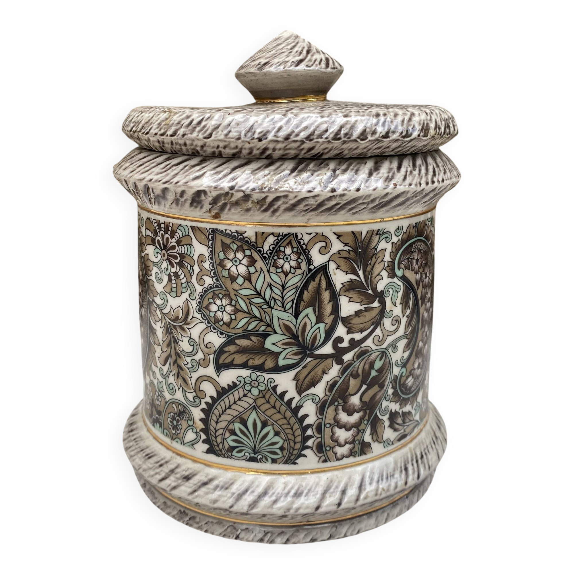 Art Deco tobacco pot signed Breugnot with boteh decoration.