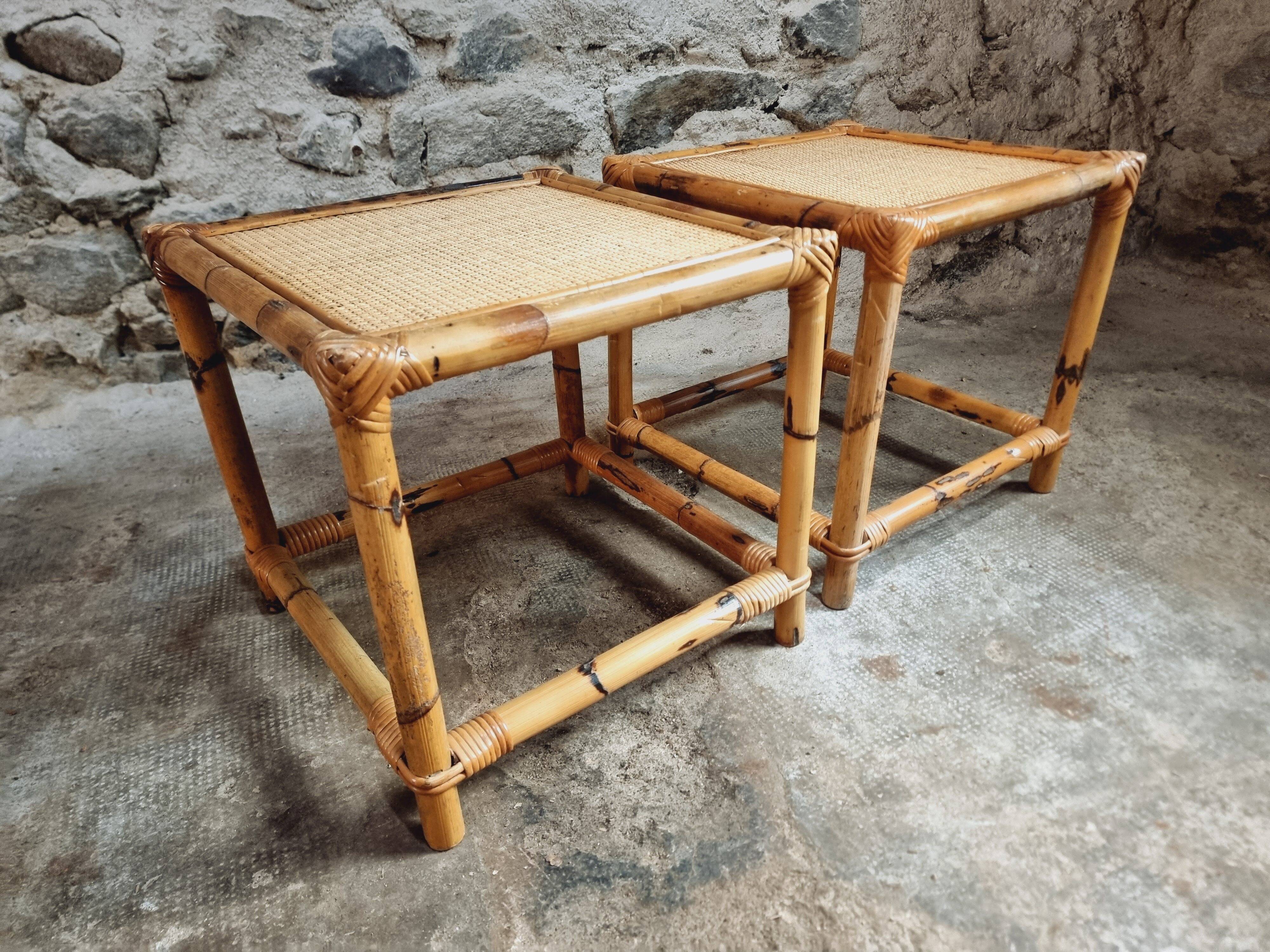 Vintage bamboo and rattan side tables – France, 1970s