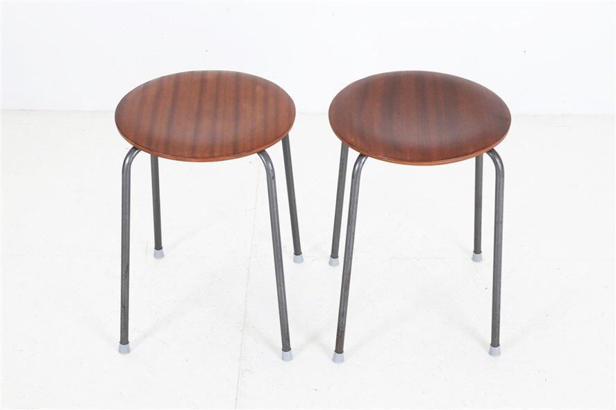 Set of 2 mid-century stools / teak / steel / Danish industrial design / 1960s