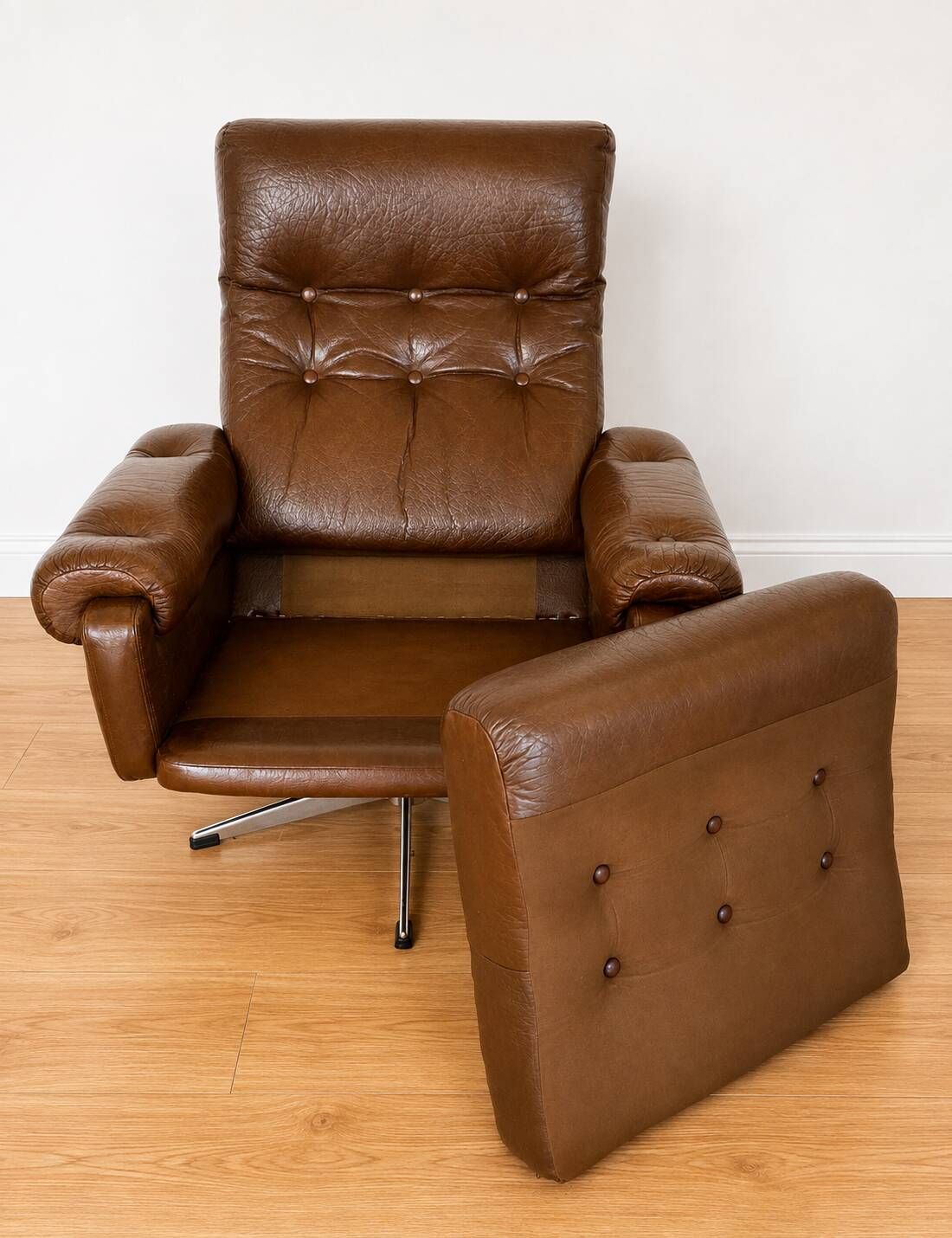 Vintage Danish mid-century brown leather swivel chair 1970s