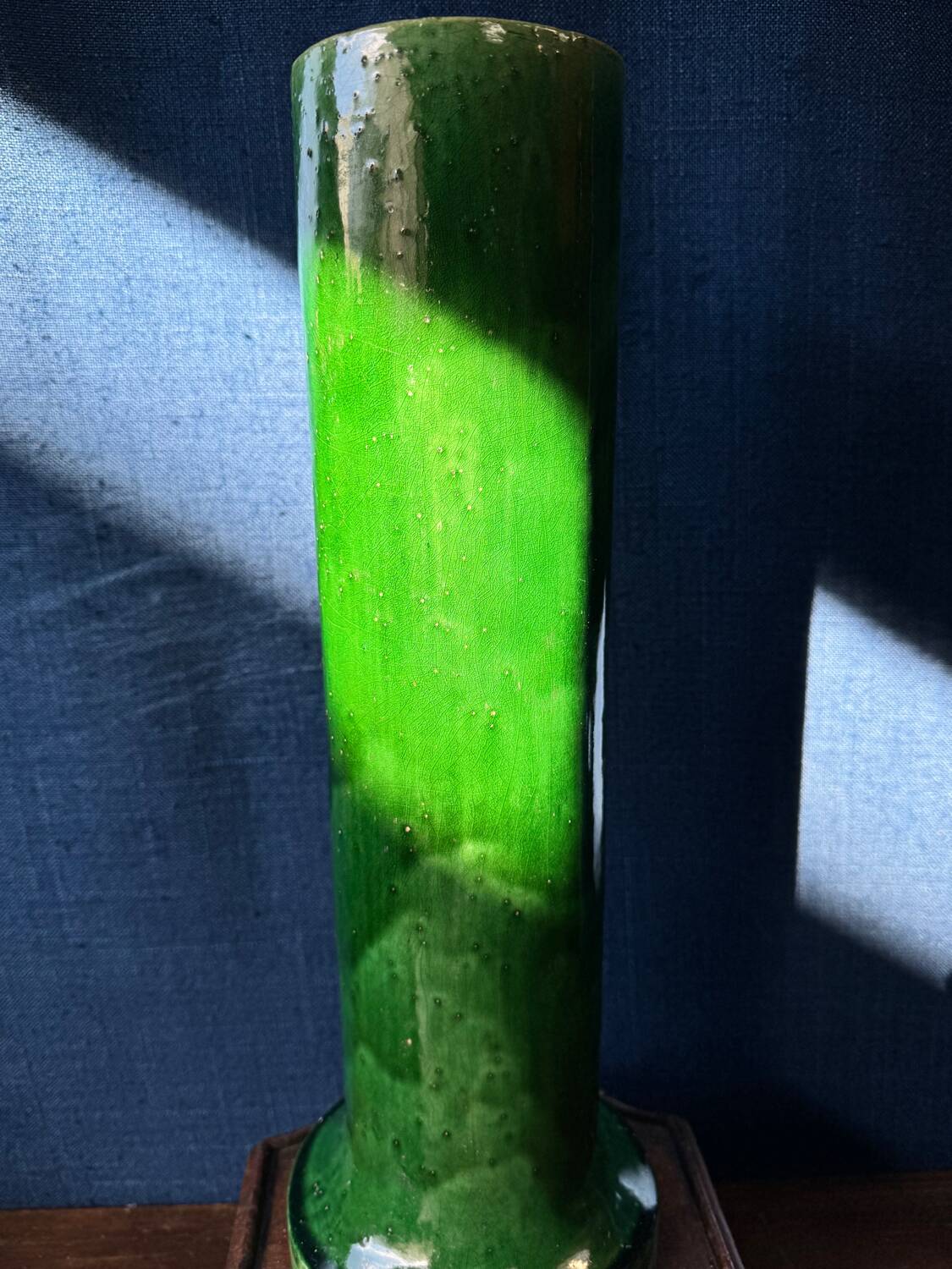 Large Art Nouveau vase in crackled green glazed stoneware – Baluster neck