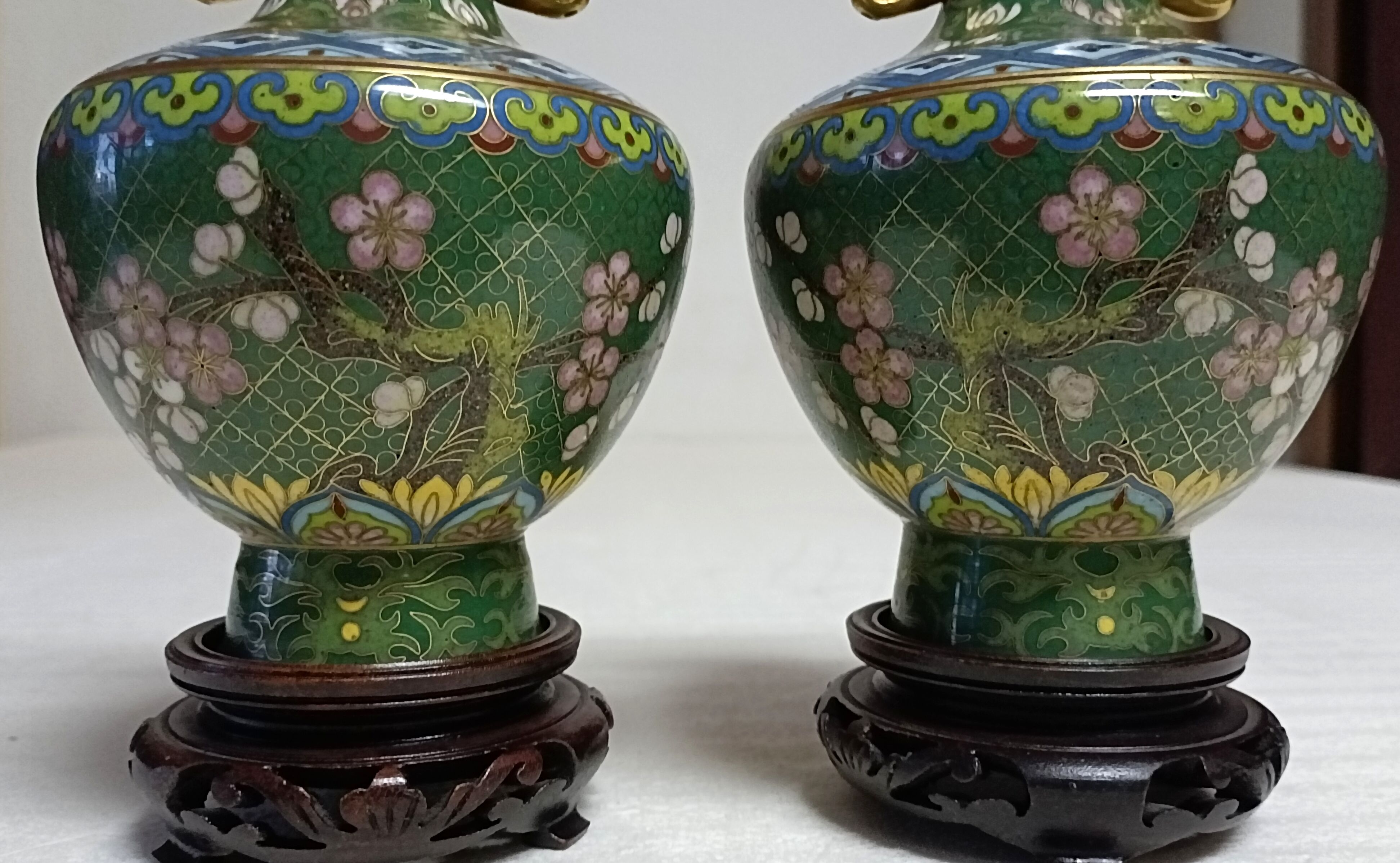 Pair of Asian enamel cloisonné vases