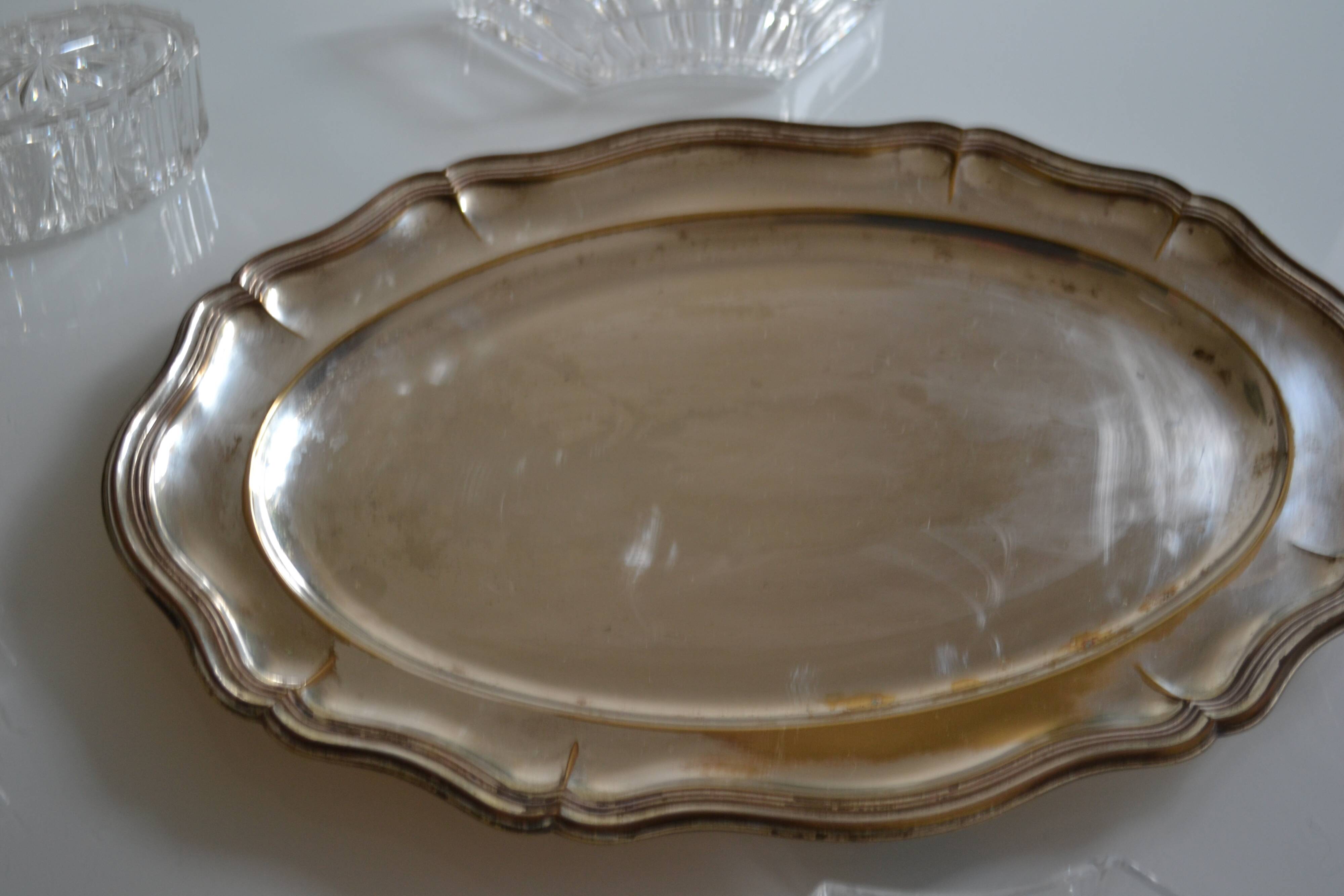 Silver-plated metal aperitif serving tray with HKE hallmark and glass.