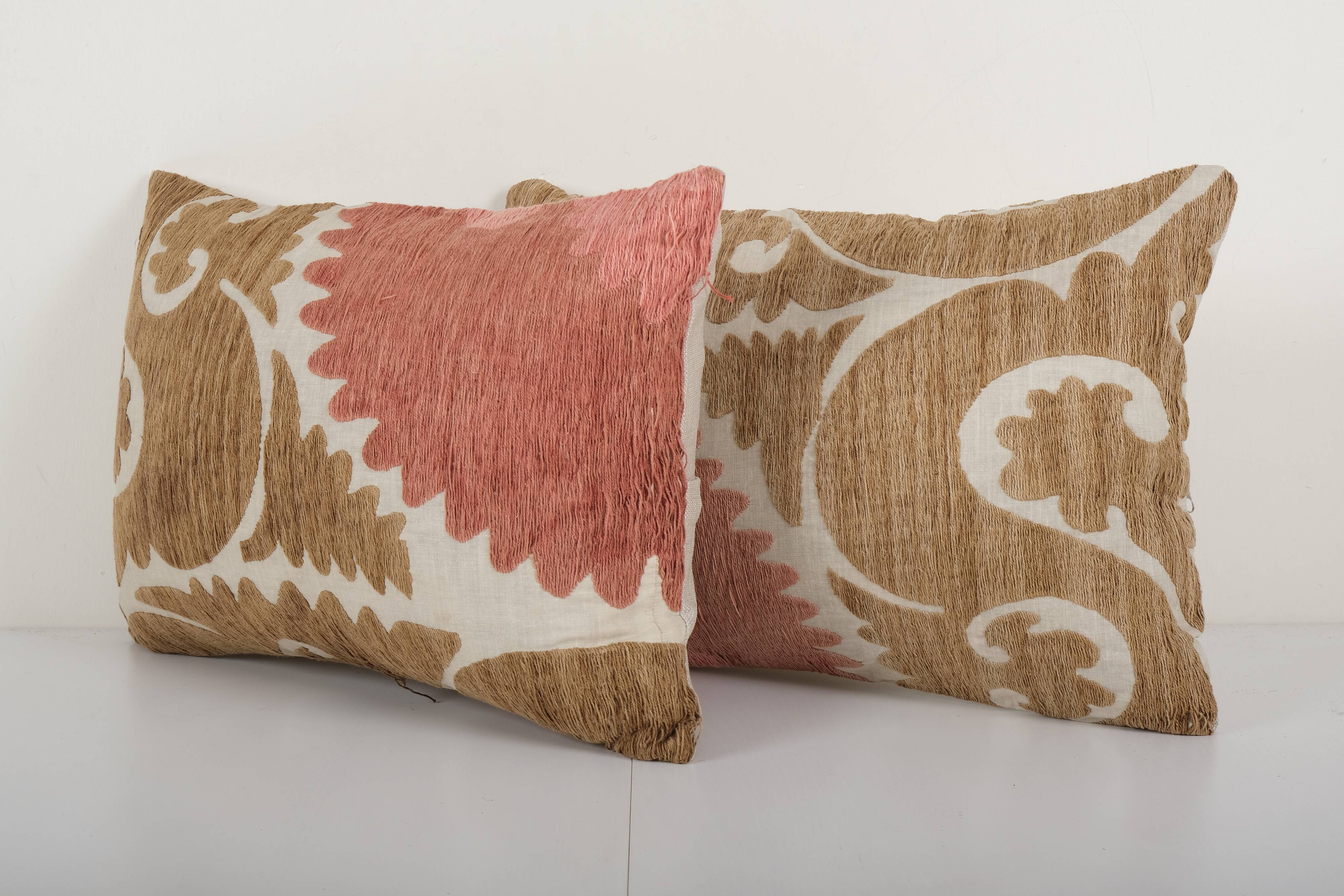 Pink suzani pillow cases fashioned from a vintage suzani, set of two muted brown suzani pillow, lumb