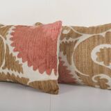 Pink suzani pillow cases fashioned from a vintage suzani, set of two muted brown suzani pillow, lumb