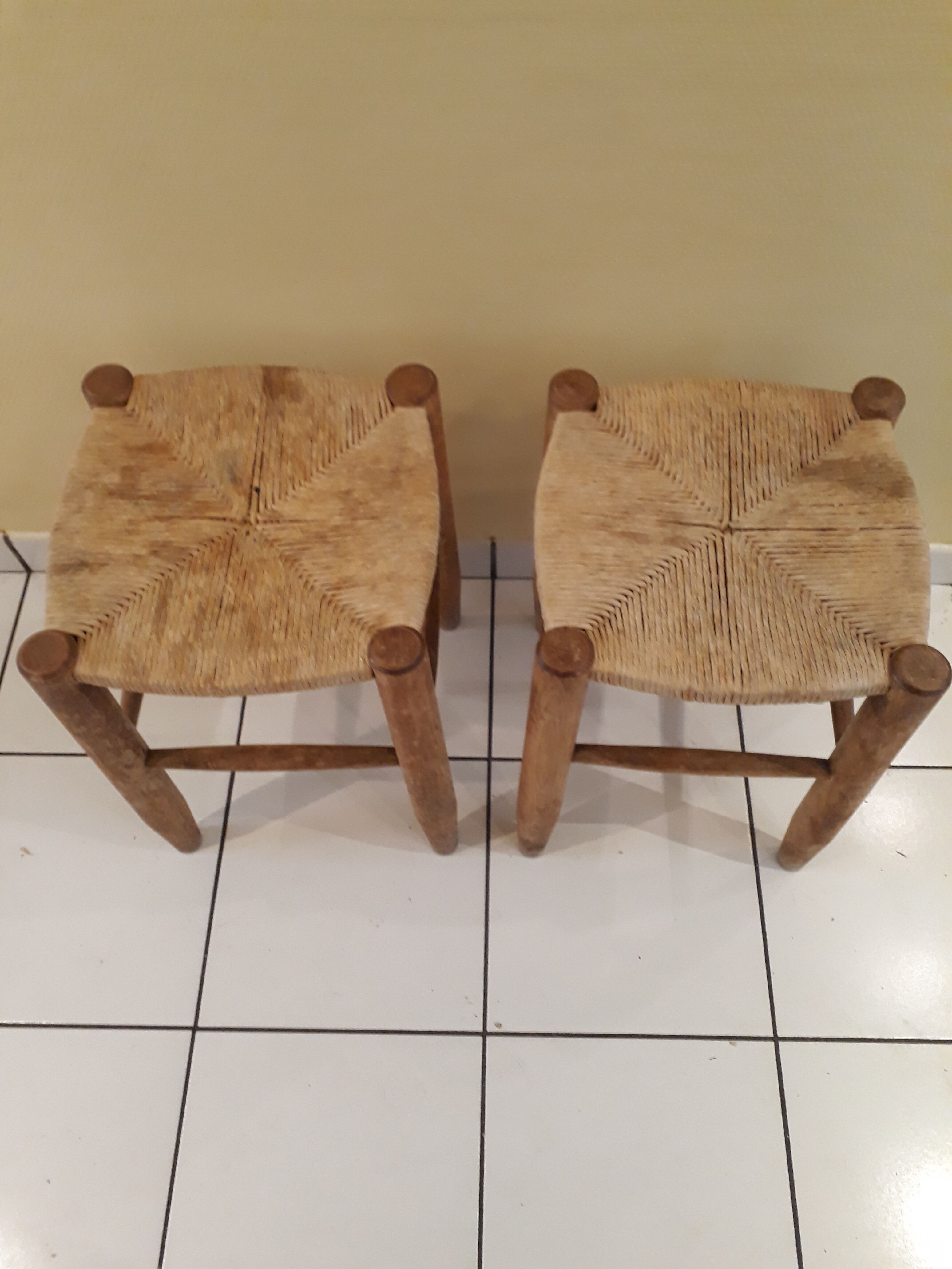 Pair of stools savoyards"wood and straw 1960