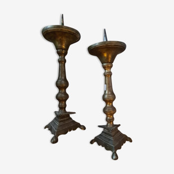 Pair of old brass candelabra