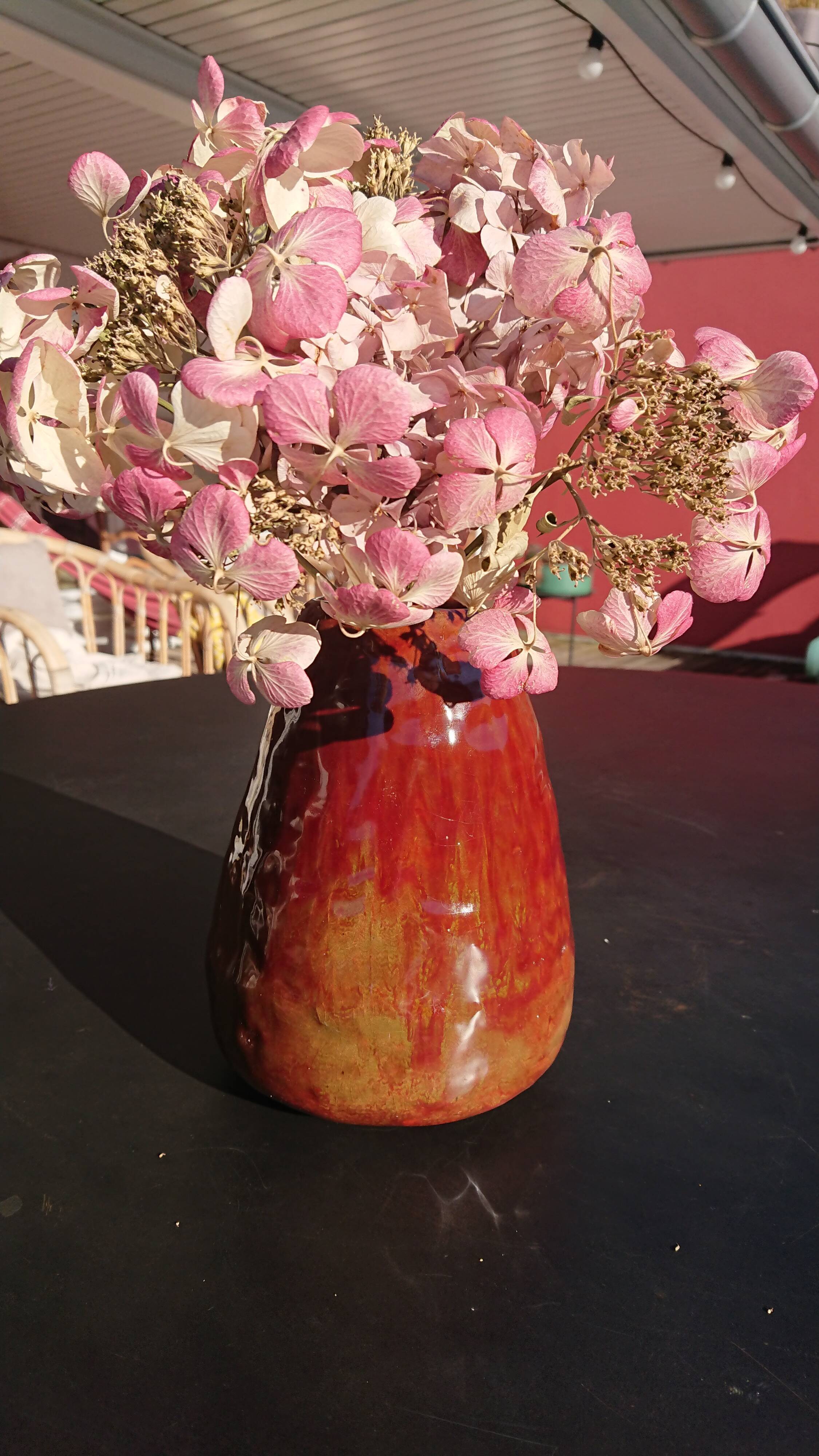 Burgundy enamelled brutalist vase