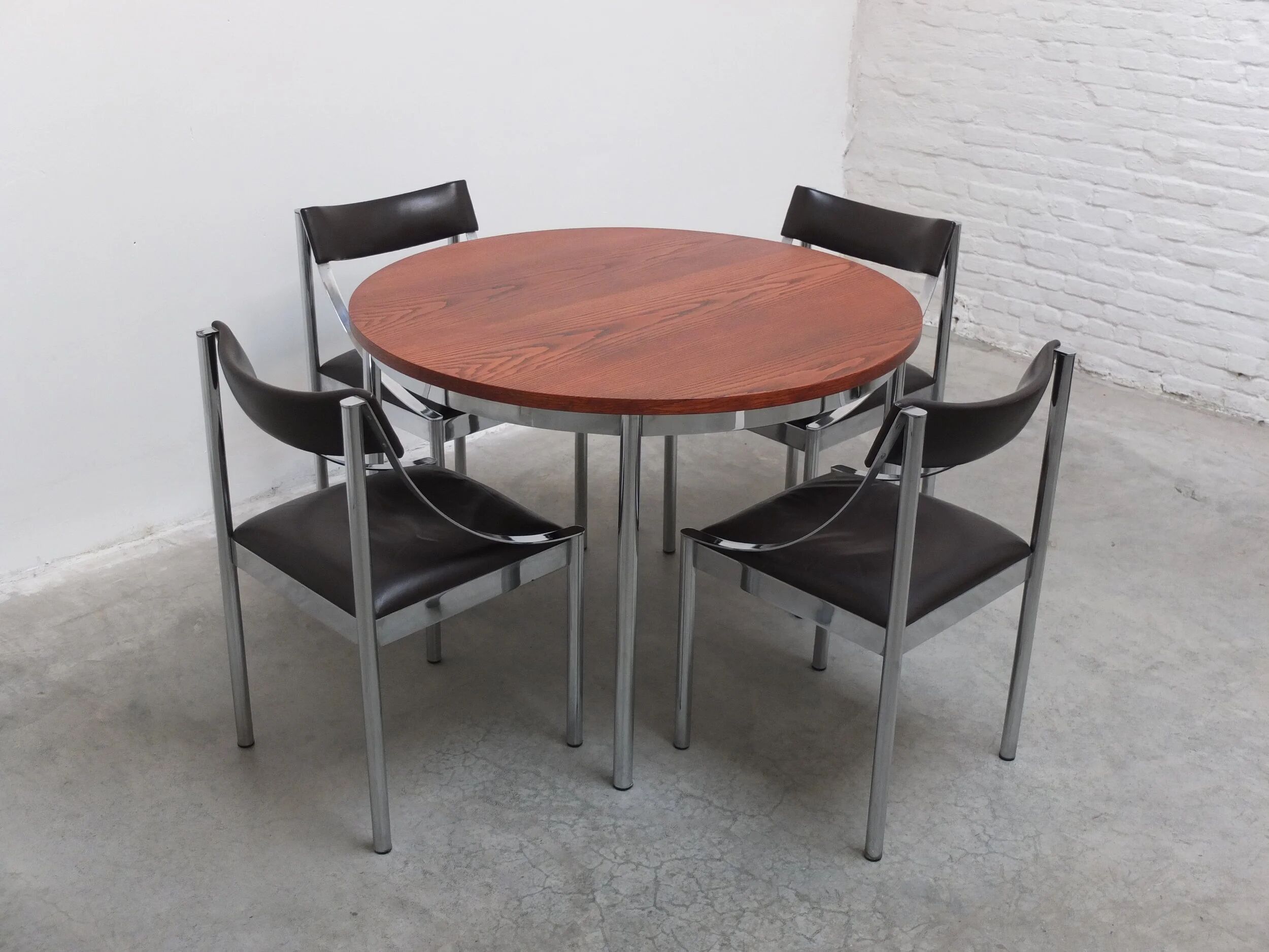 Set of 4 Italian chrome & leather dining chairs, 1970s