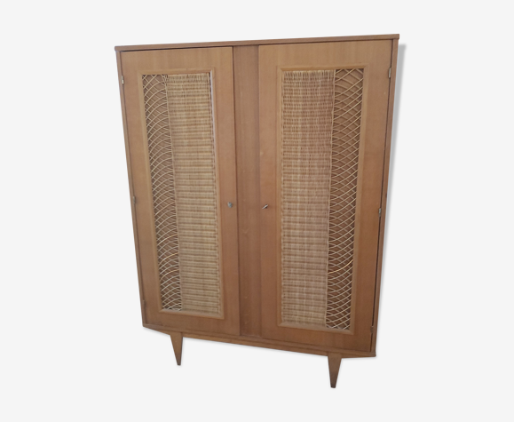 Armoire en bois et rotin vintage
