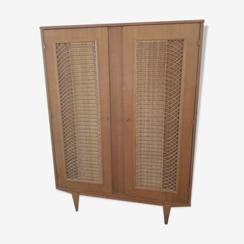 Vintage wooden and rattan cabinet